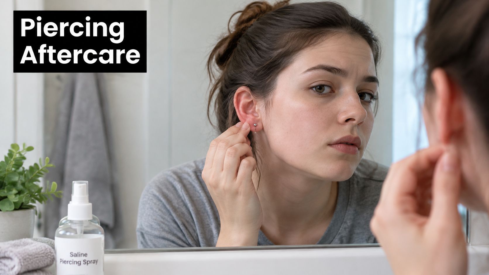 A young woman checks her fresh ear piercing in the bathroom mirror next to saline piercing spray.