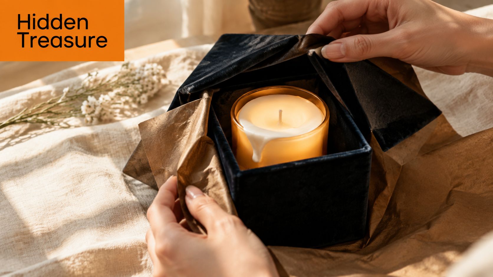 A person opens a black velvet gift box containing a burning candle wrapped in brown paper.