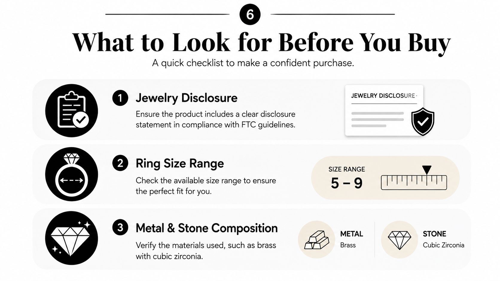 A checklist graphic titled What to Look for Before You Buy, showing steps for jewelry purchasing.