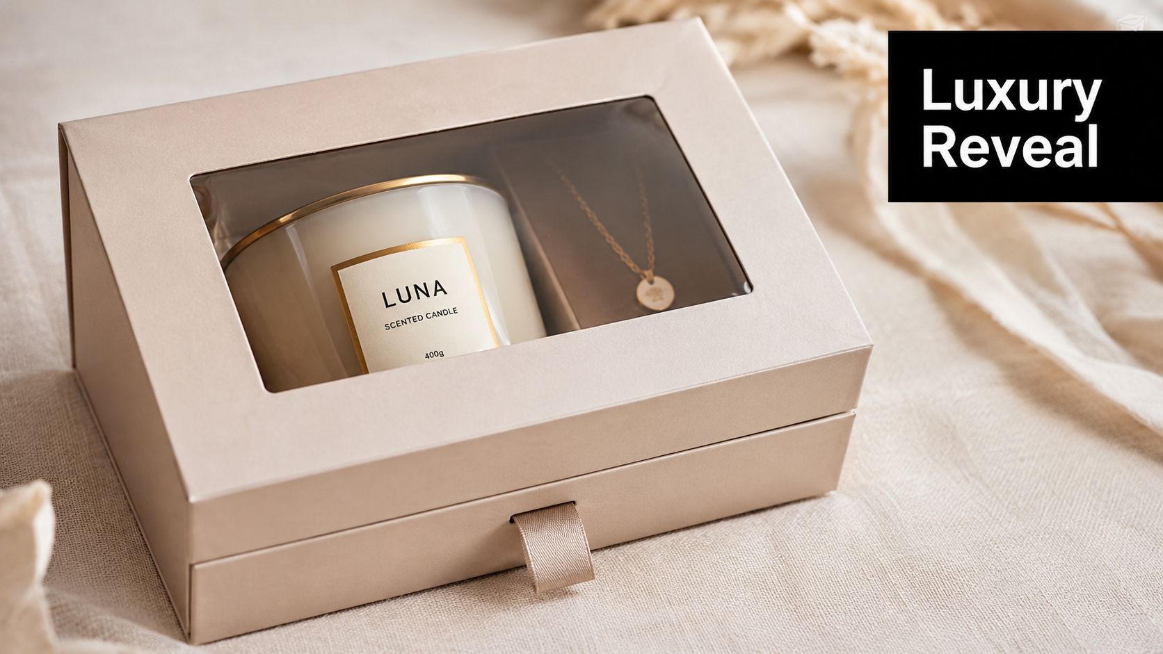 A premium gift box containing a Luna scented candle and a gold necklace on a beige fabric background.