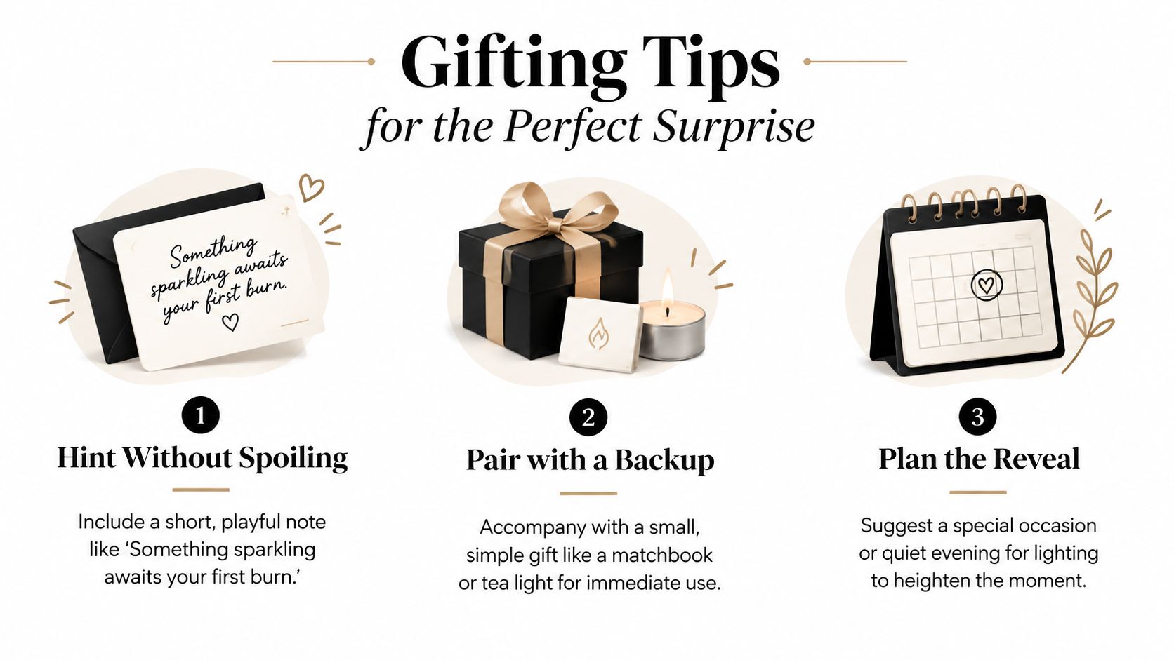 An instructional graphic titled Gifting Tips for the Perfect Surprise featuring three steps for gifting candles.
