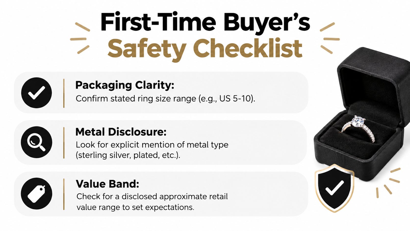 A safety checklist graphic for first-time ring buyers with icons for packaging, metal, and value disclosure.