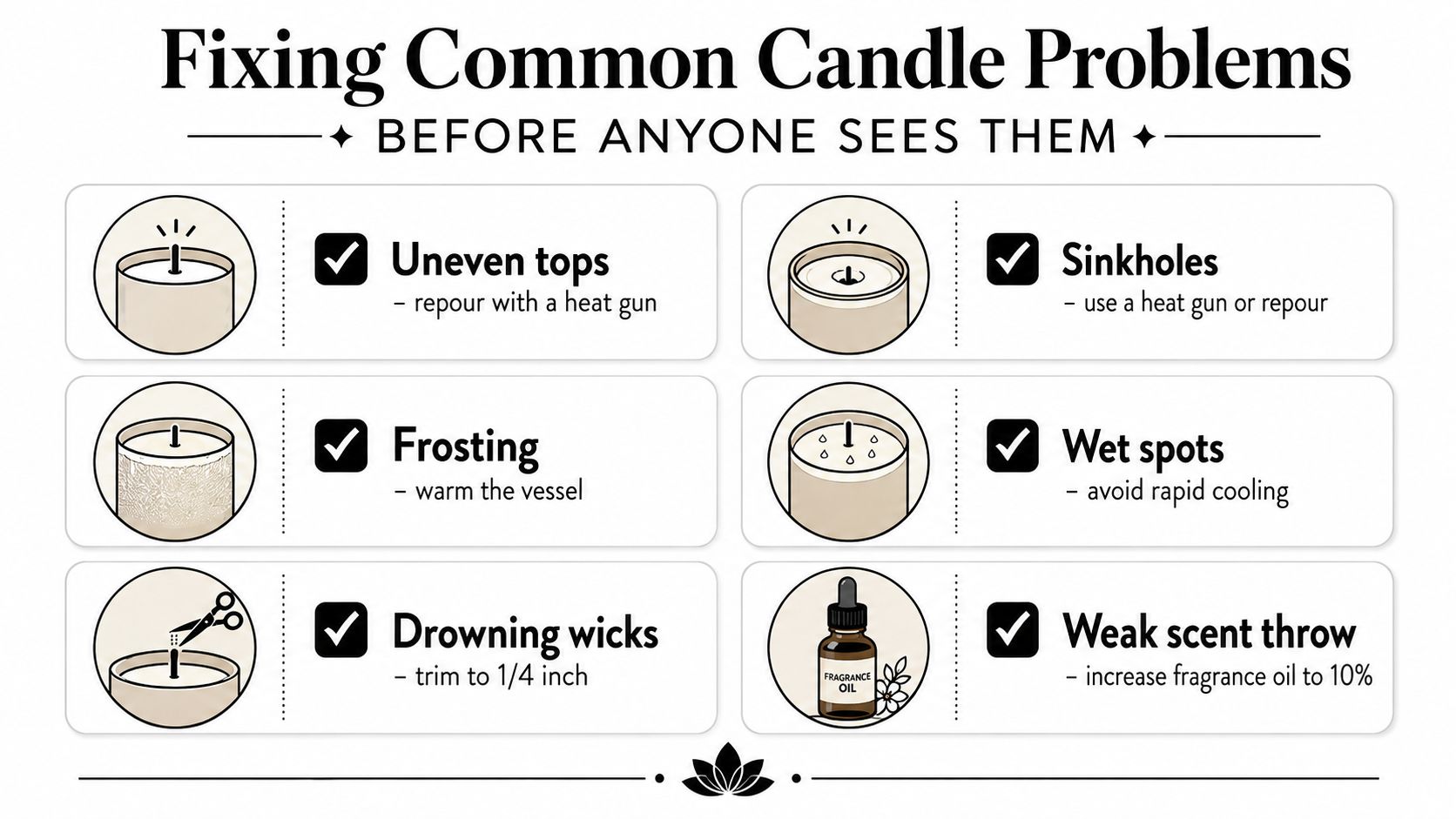 A helpful infographic illustrating six common candle-making problems and quick, easy solutions for fixing them effectively.