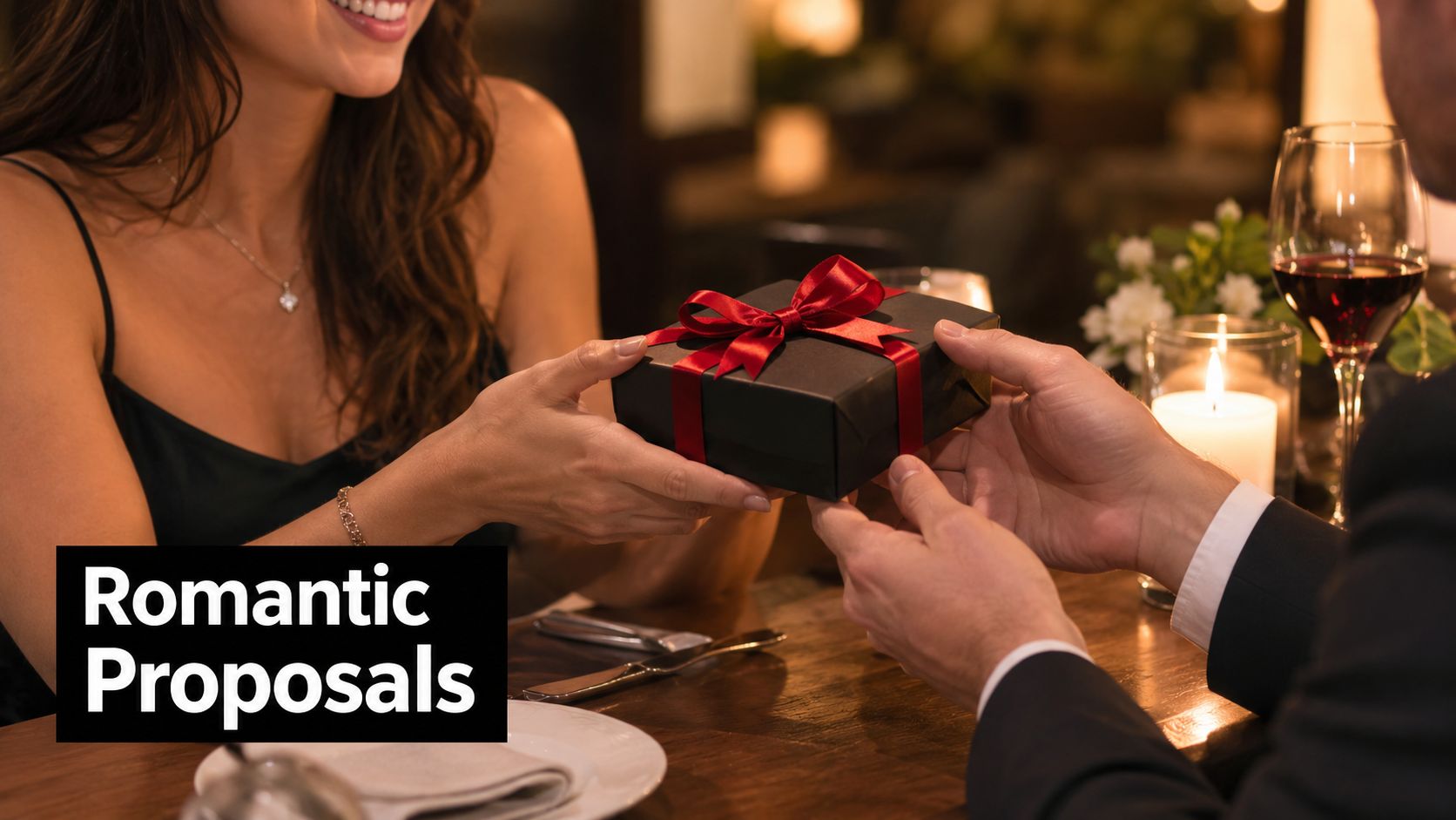A man in a suit presenting a small black gift box to a woman during dinner.