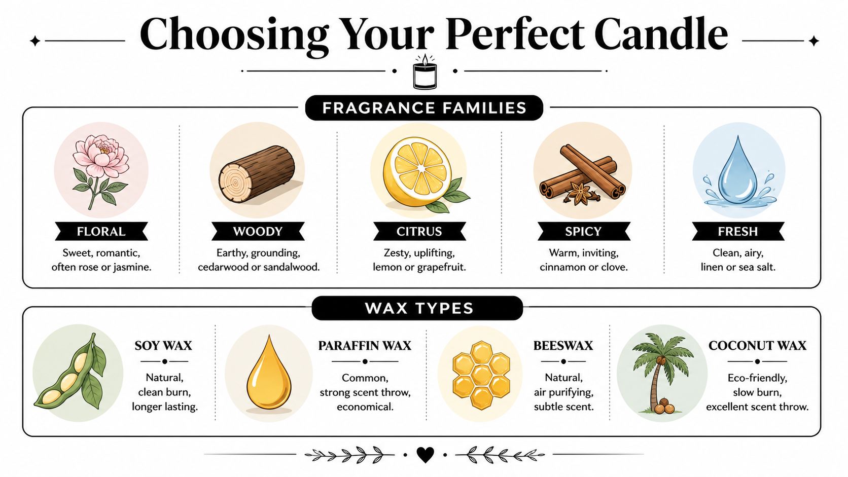 An infographic titled Choosing Your Perfect Candle showing different fragrance families and various types of candle wax.