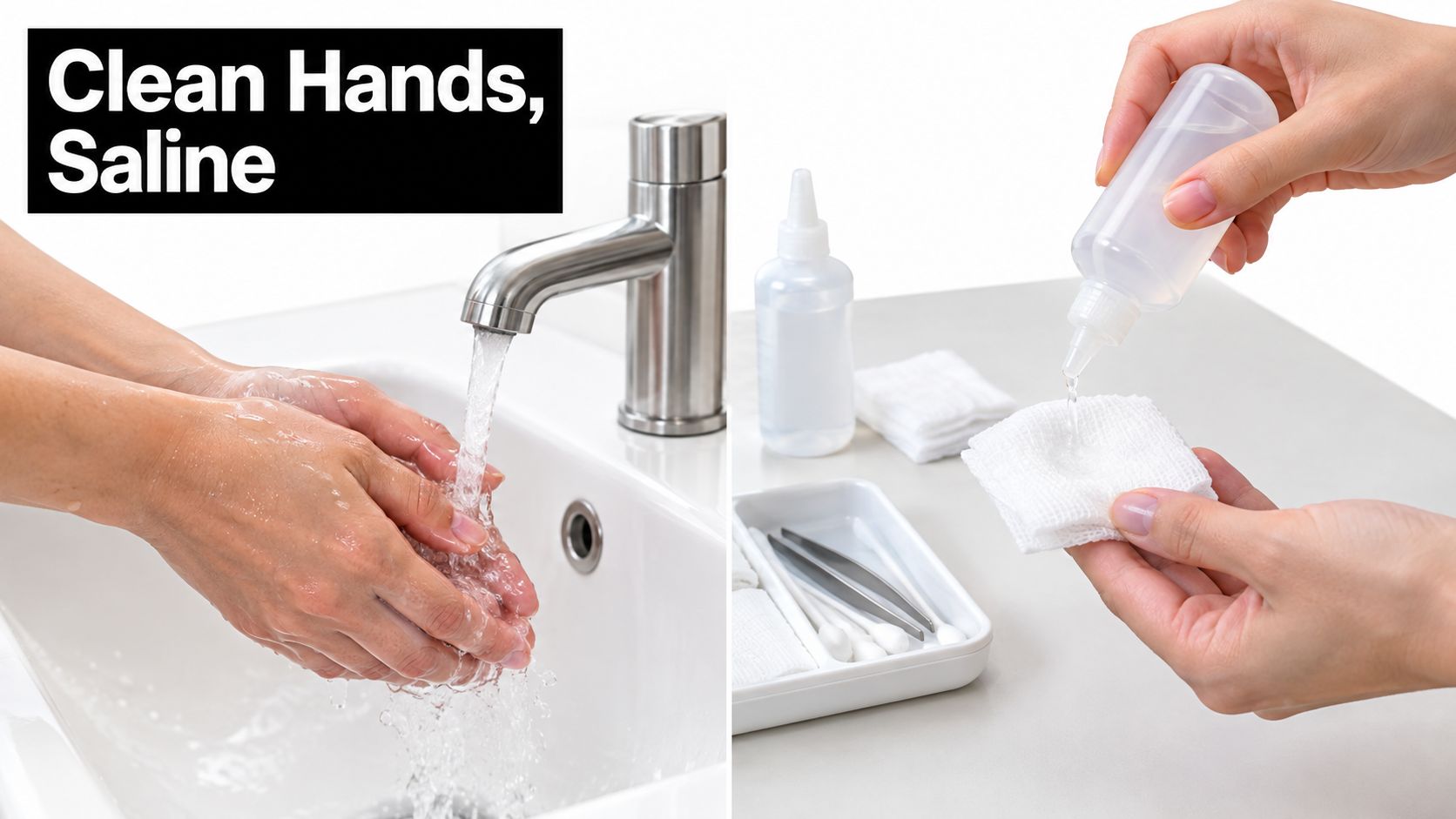 A person washing hands in a sink followed by applying saline solution to gauze for piercing cleaning.