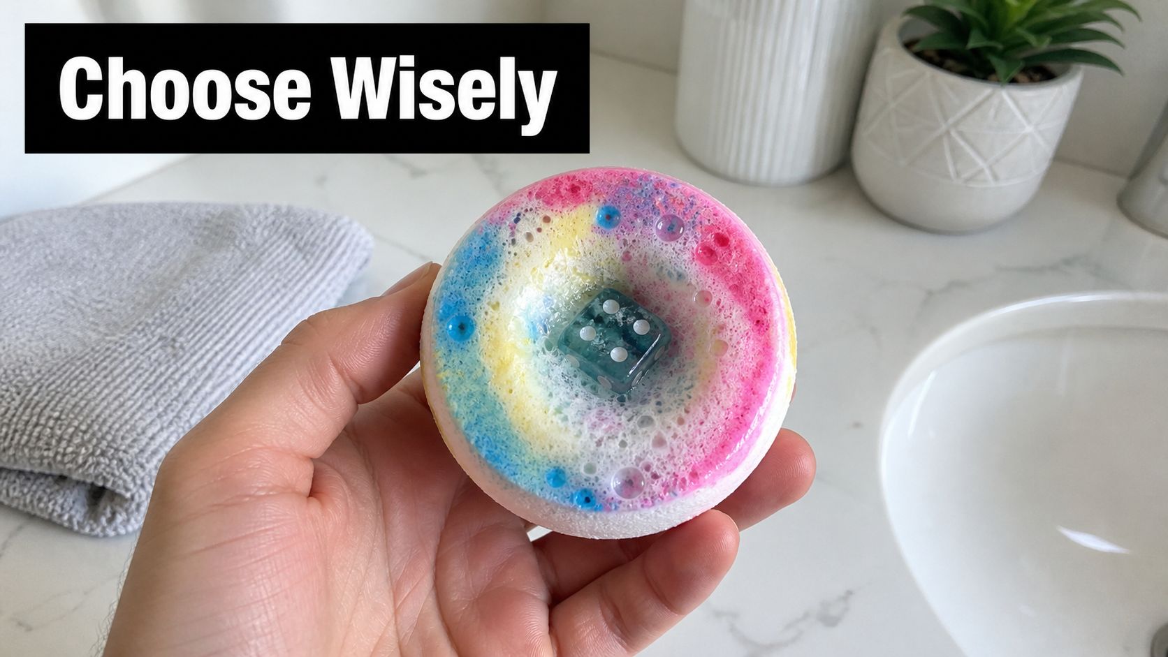 A person holding a colorful, bubbling bath bomb with a translucent dice embedded in the center.