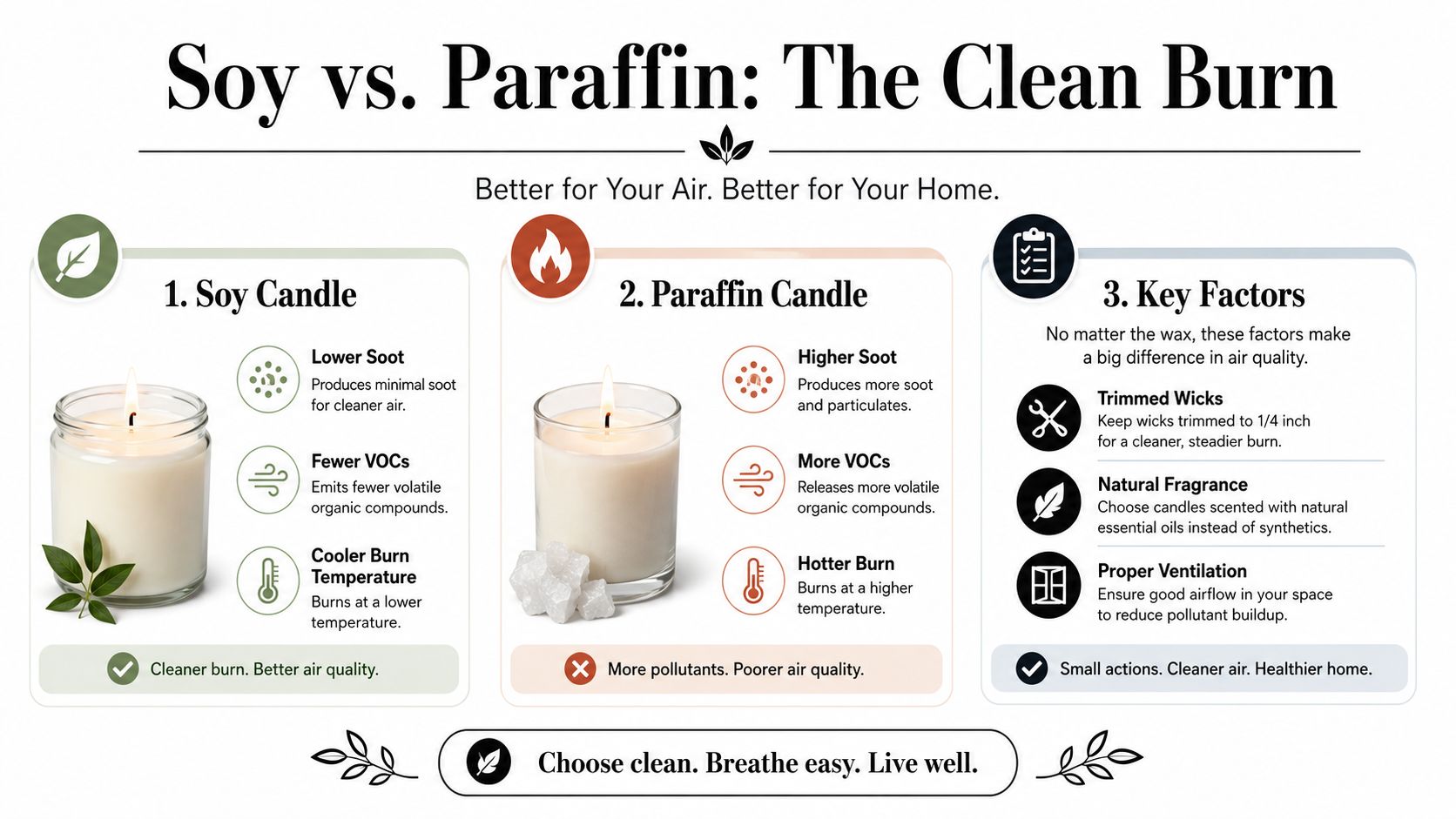 A comparison infographic between soy and paraffin candles highlighting air quality, soot production, and burn temperature differences.
