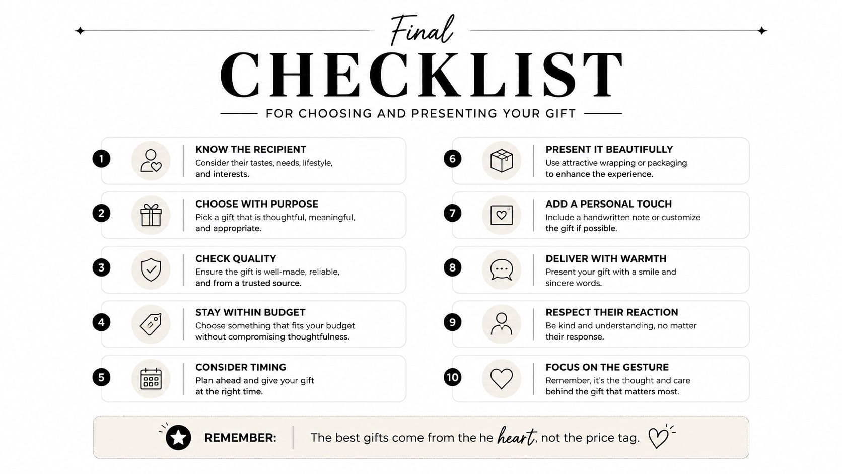 A ten-point checklist for choosing and presenting thoughtful gifts with tips for being meaningful and kind.