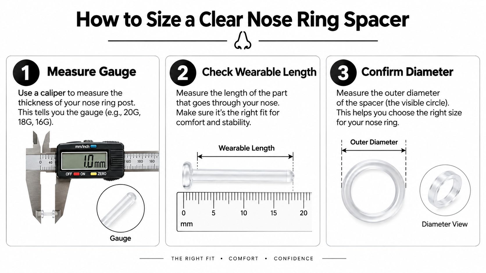An instructional graphic showing how to measure a clear nose ring spacer using calipers and rulers.
