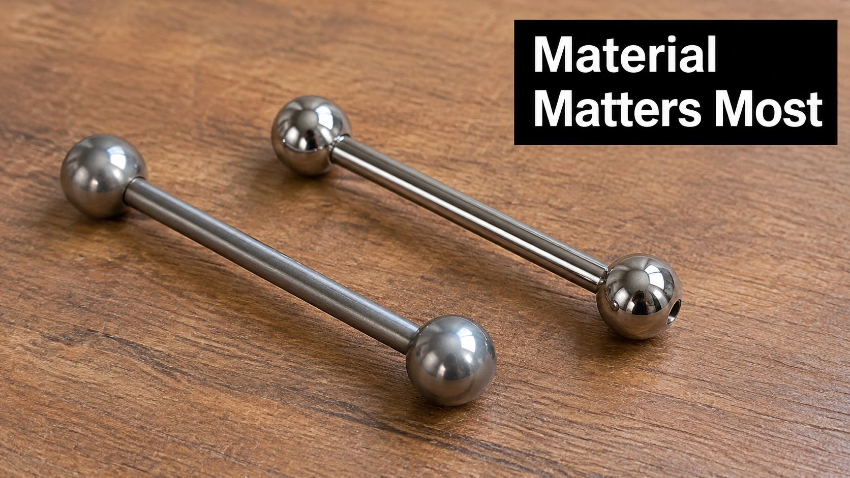 Two metallic barbell piercing jewelry pieces laid on a wooden surface with a black information box.