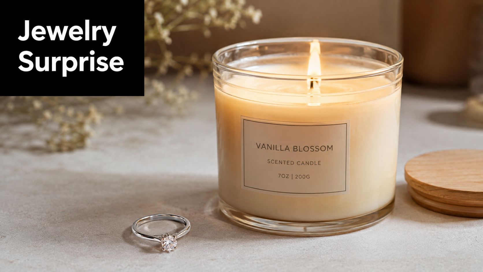 A scented vanilla blossom candle in a glass jar next to a sparkling diamond engagement ring.