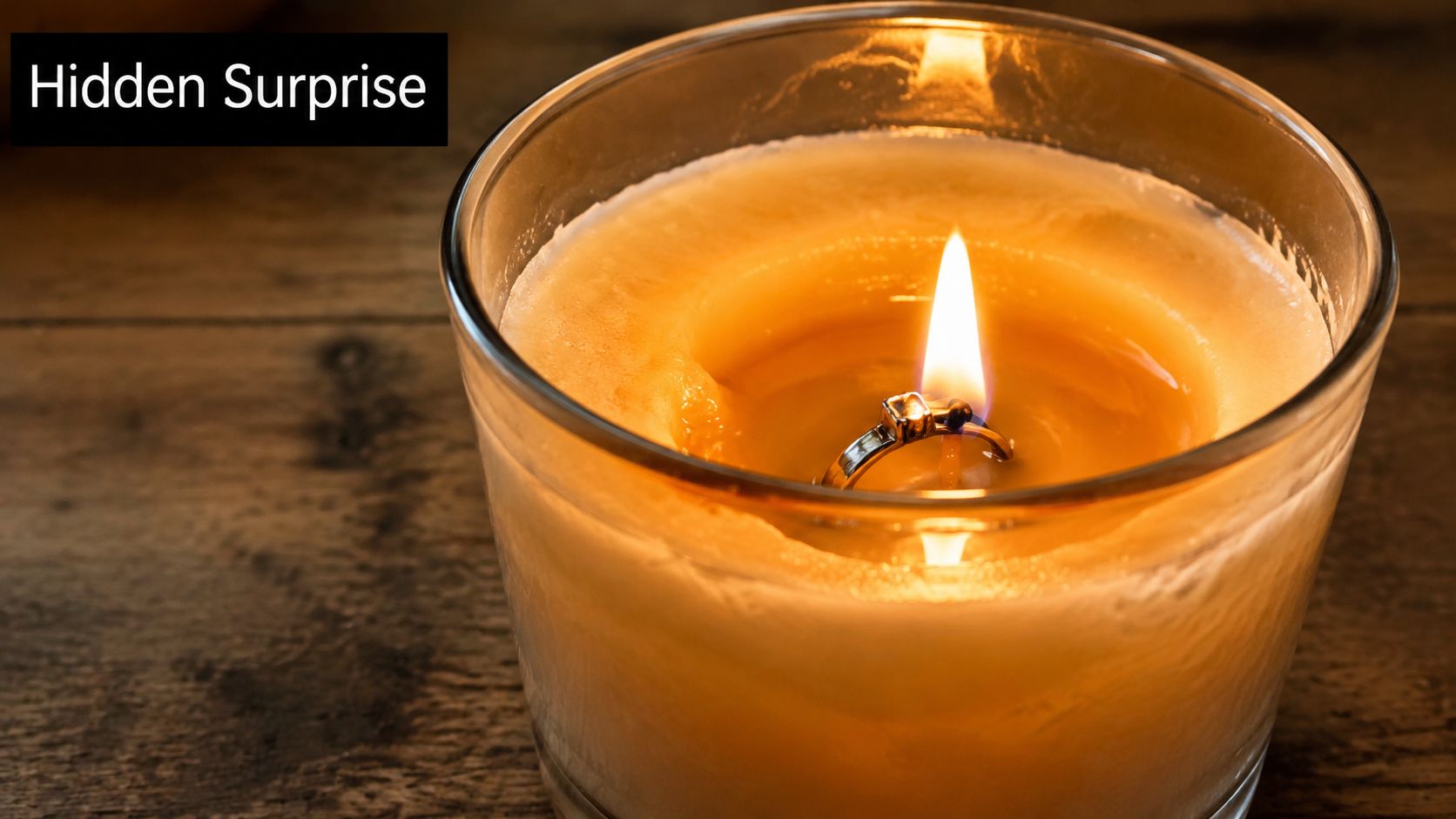 A gold engagement ring is partially revealed inside a lit scented candle in a glass holder.