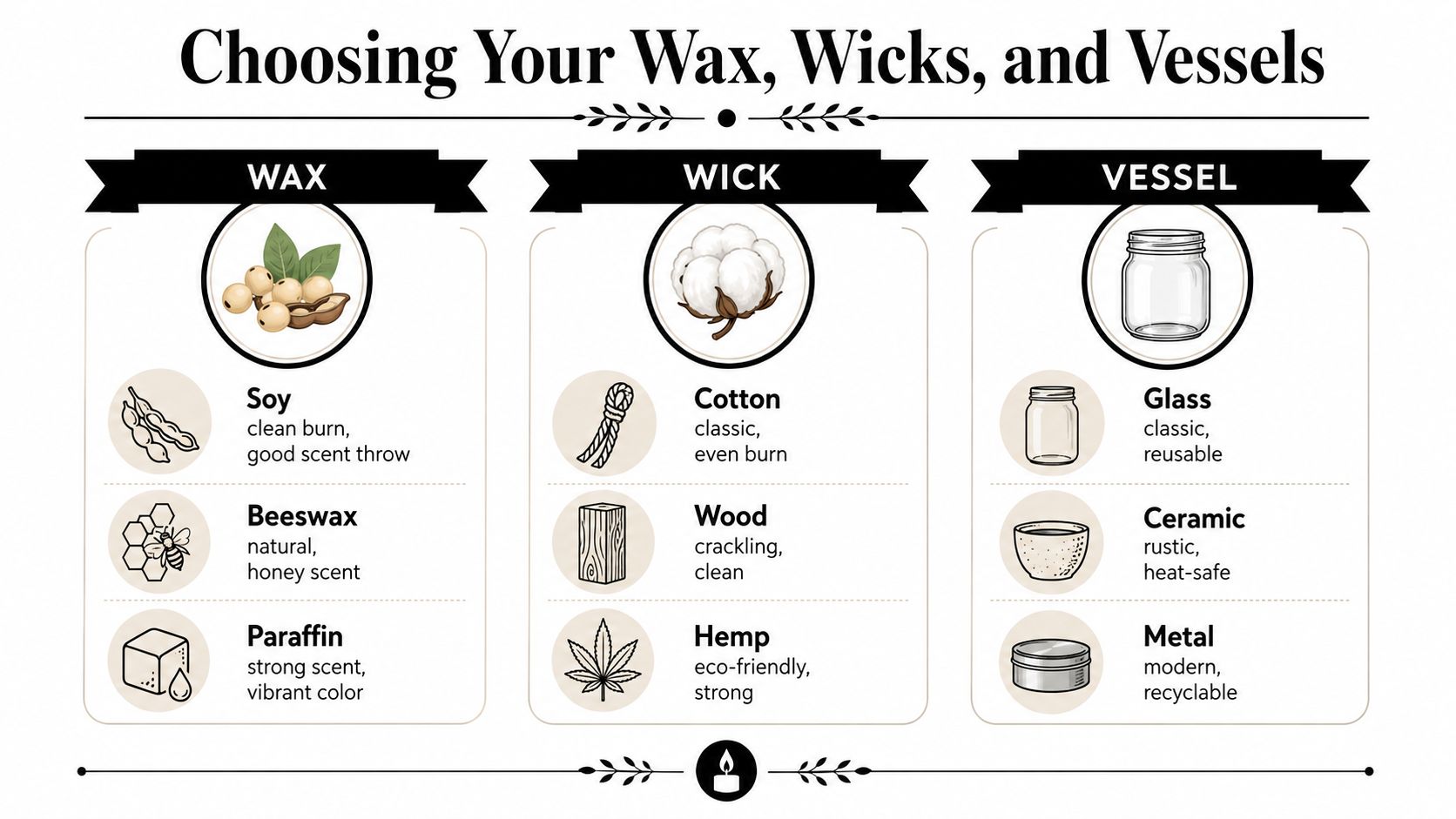 An infographic titled Choosing Your Wax, Wicks, and Vessels comparing candle-making materials including wax, wick types, and vessel containers.