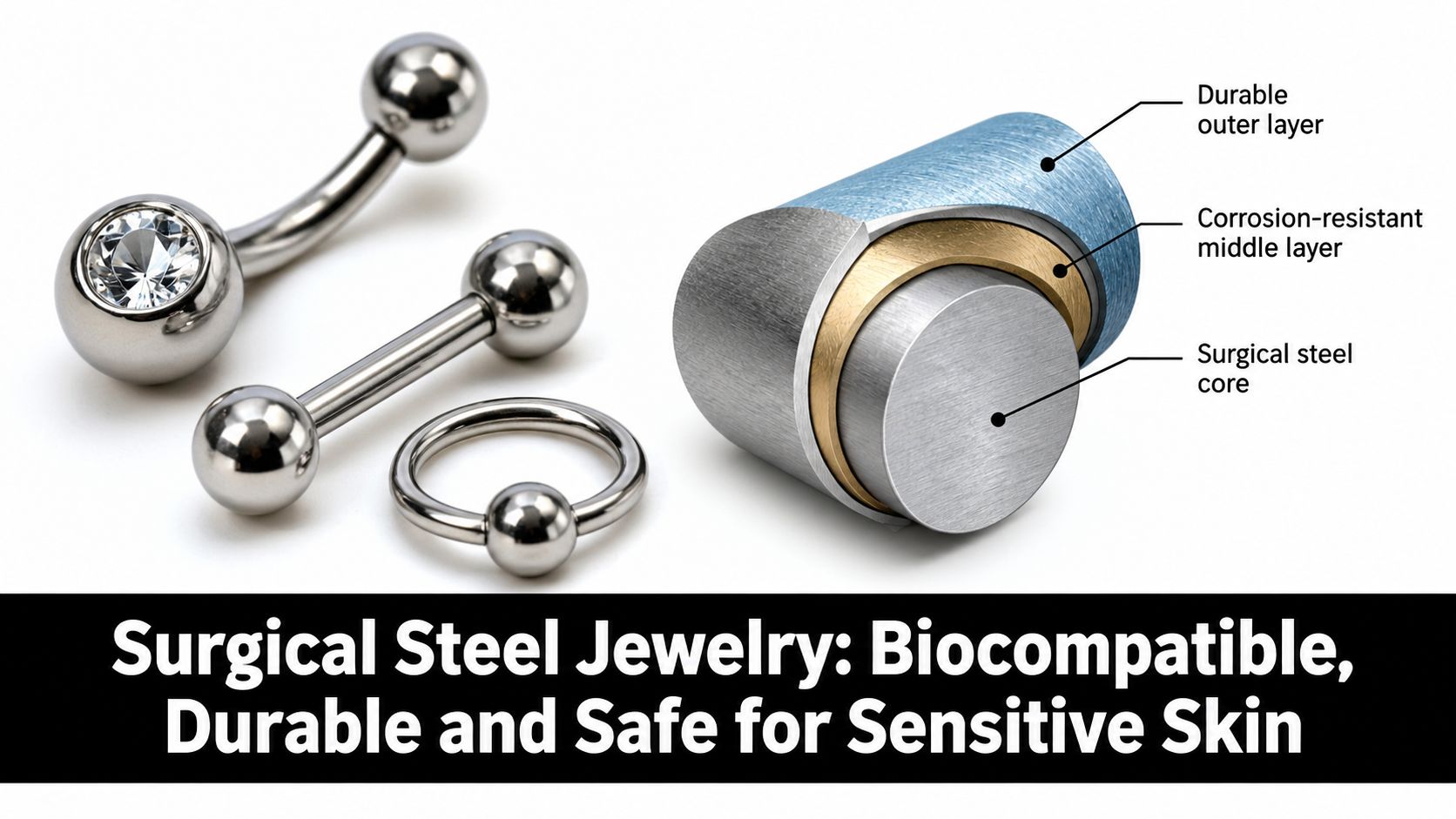 A diagram showcasing the multi-layer composition of implant grade surgical steel jewelry for body piercings.