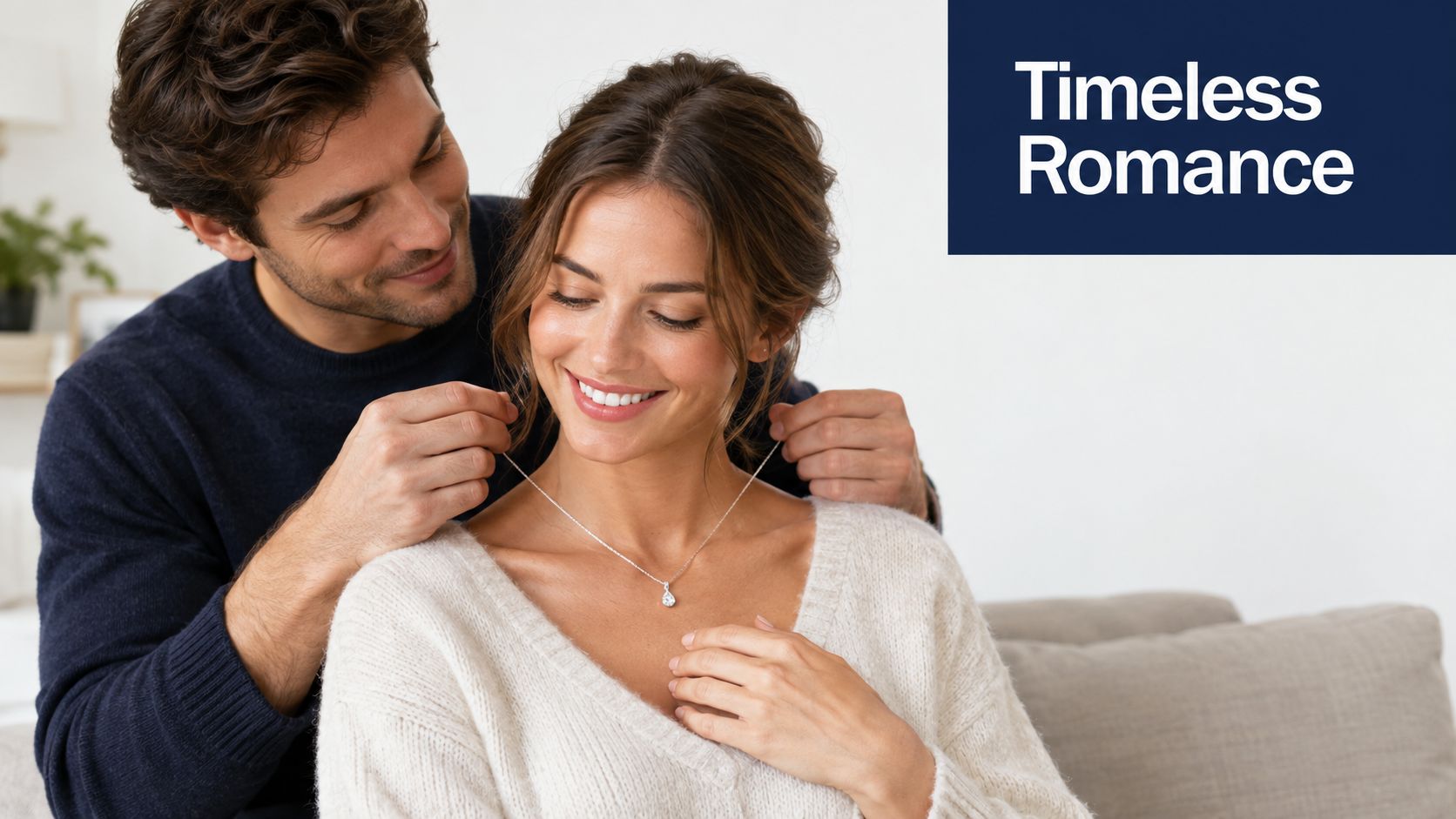 A loving man surprises his smiling girlfriend by putting a delicate diamond necklace on her neck.