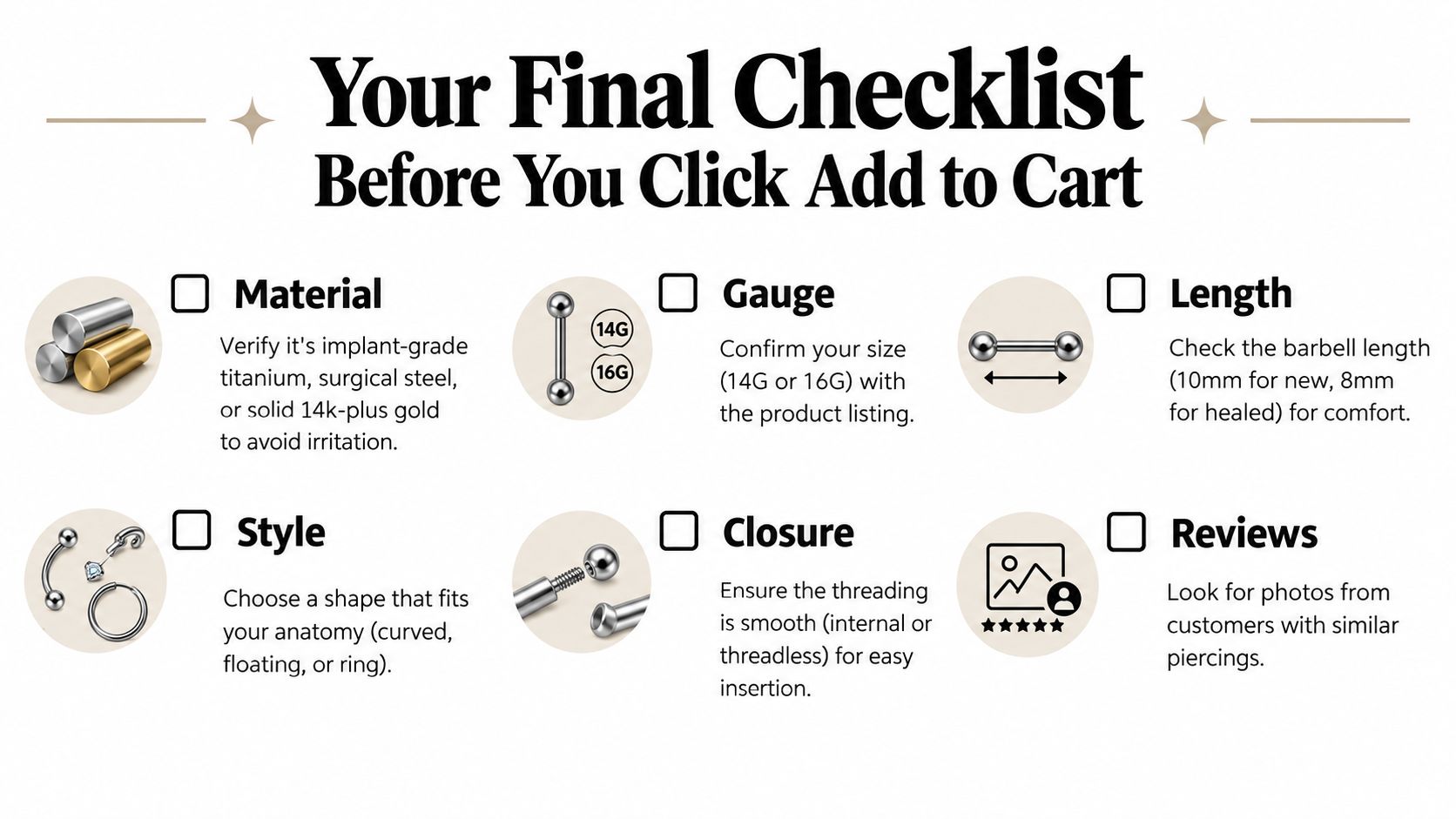 A helpful checklist for choosing body jewelry, including material, gauge, length, style, closure, and customer reviews.