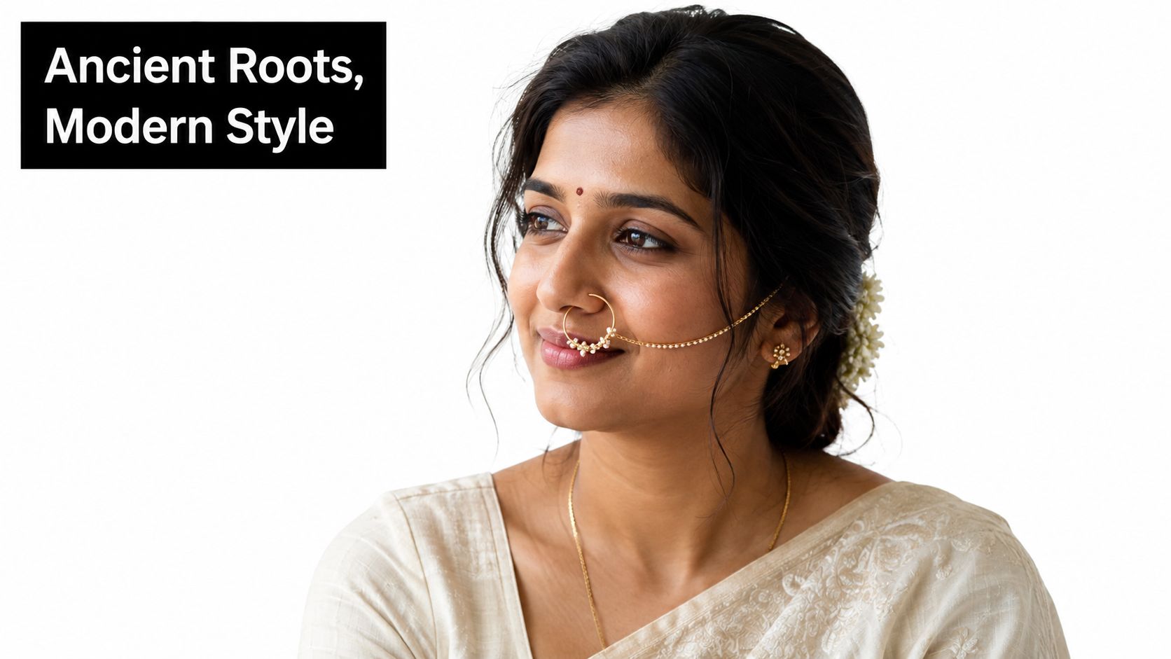 A woman wearing a traditional gold nose ring with a delicate chain against a white background.