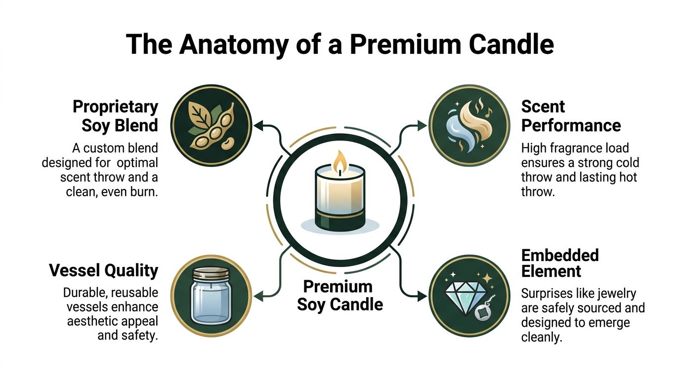 An infographic detailing the four key components that make up a premium soy wax candle.