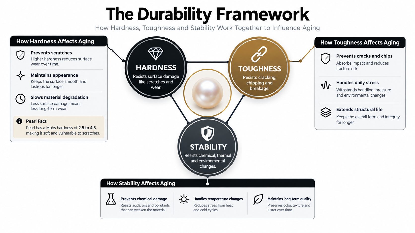 A diagram titled The Durability Framework explaining how hardness, toughness, and stability affect the aging of pearls.