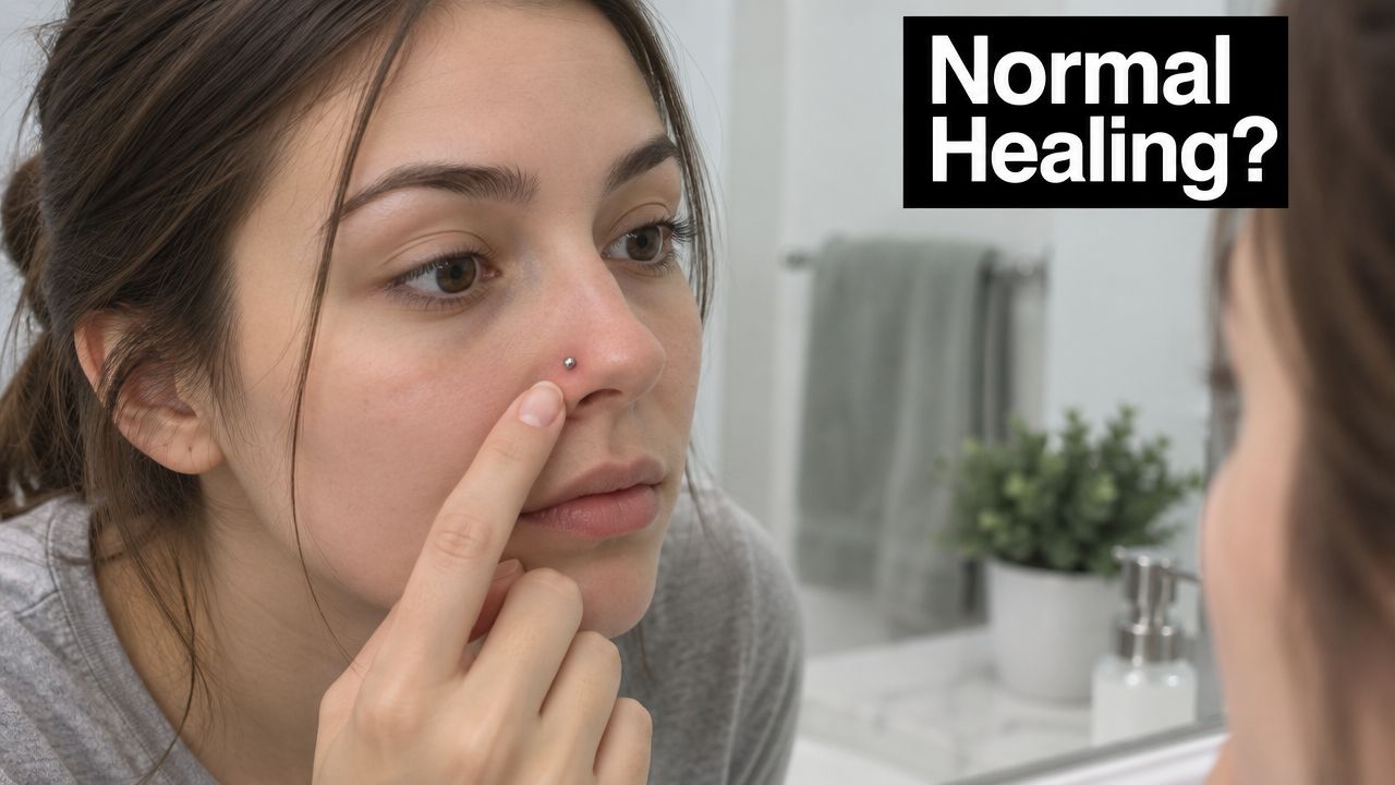 A young woman examining her nose piercing in the mirror, questioning if it is healing properly.
