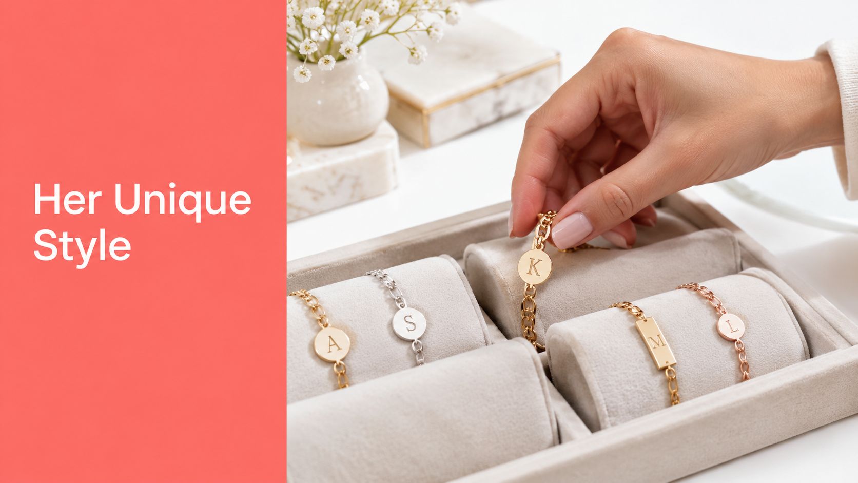 A hand selecting a personalized gold charm bracelet from an elegant velvet jewelry organizer tray for display.
