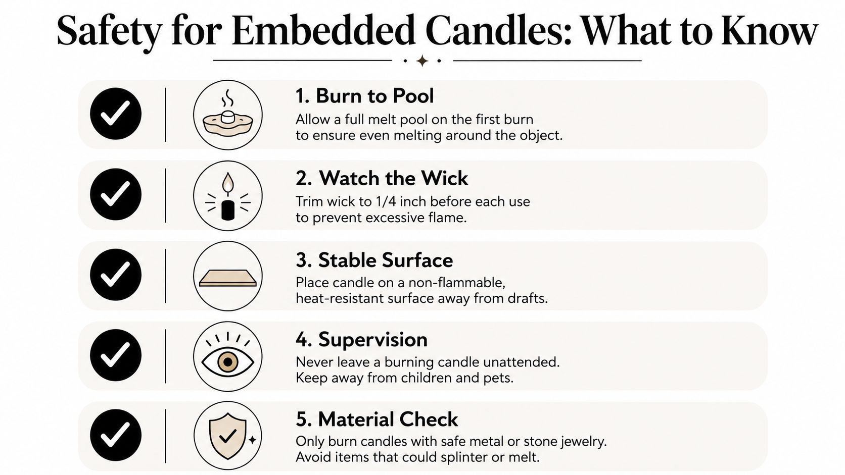 A safety infographic for embedded candles providing five essential tips on how to burn them safely.