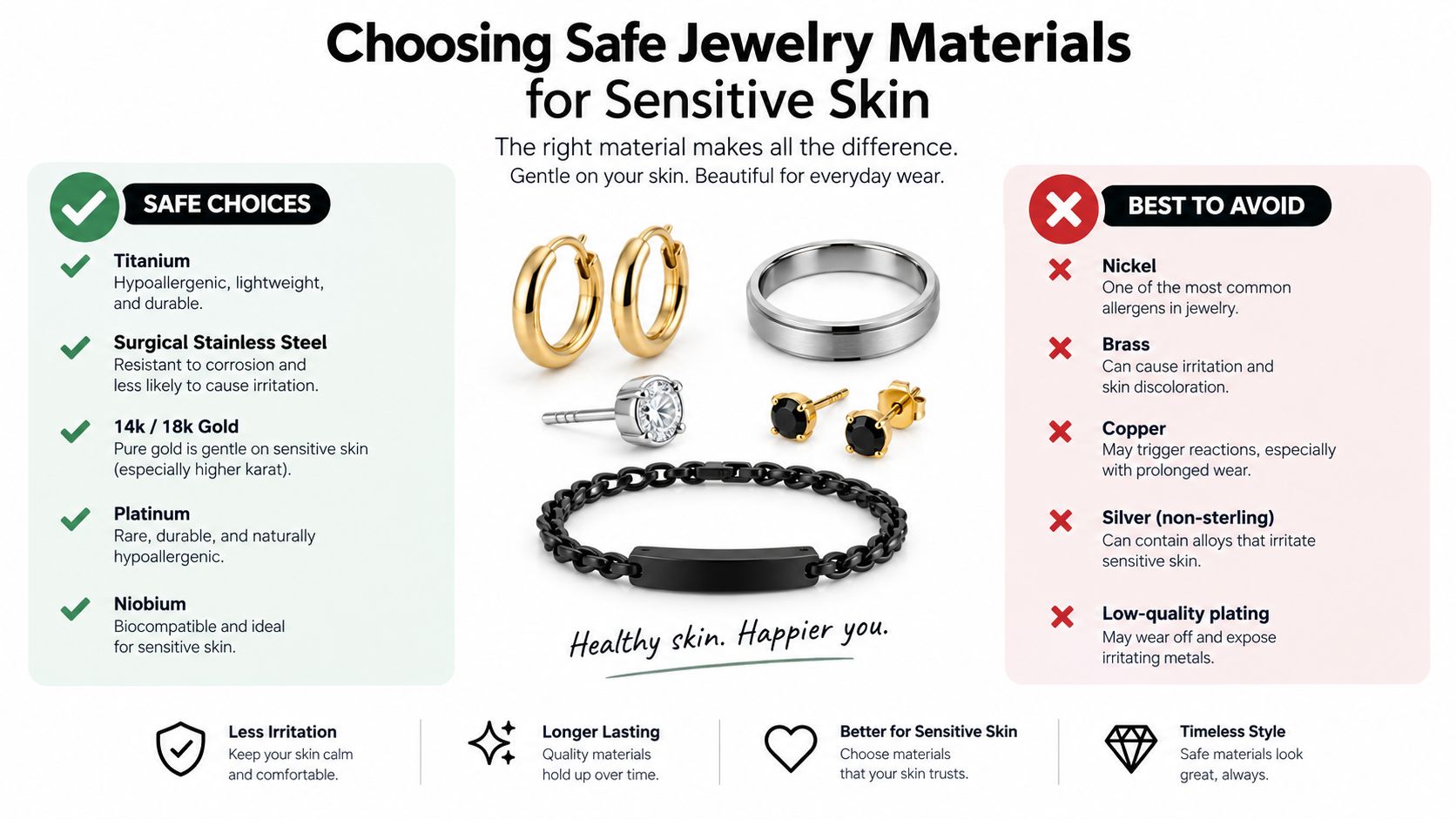 A guide listing safe jewelry materials like titanium and gold versus irritating metals to avoid for sensitive skin.