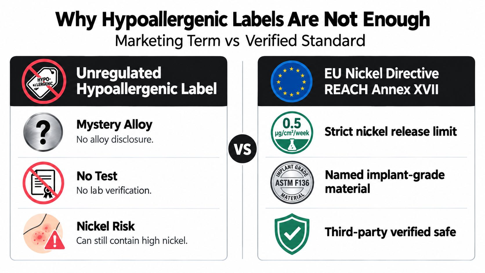 A comparison chart explaining why hypoallergenic labels are insufficient compared to verified EU Nickel Directive standards.