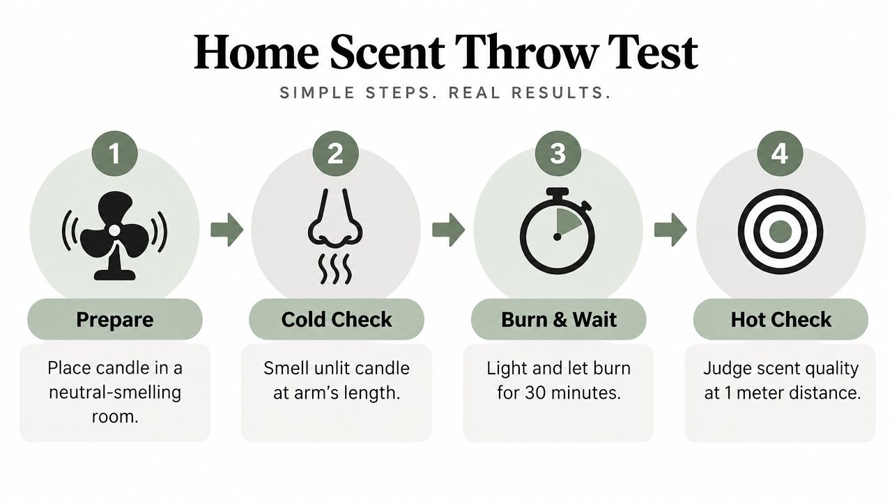 An infographic showing four simple steps to test the scent throw of a home candle.