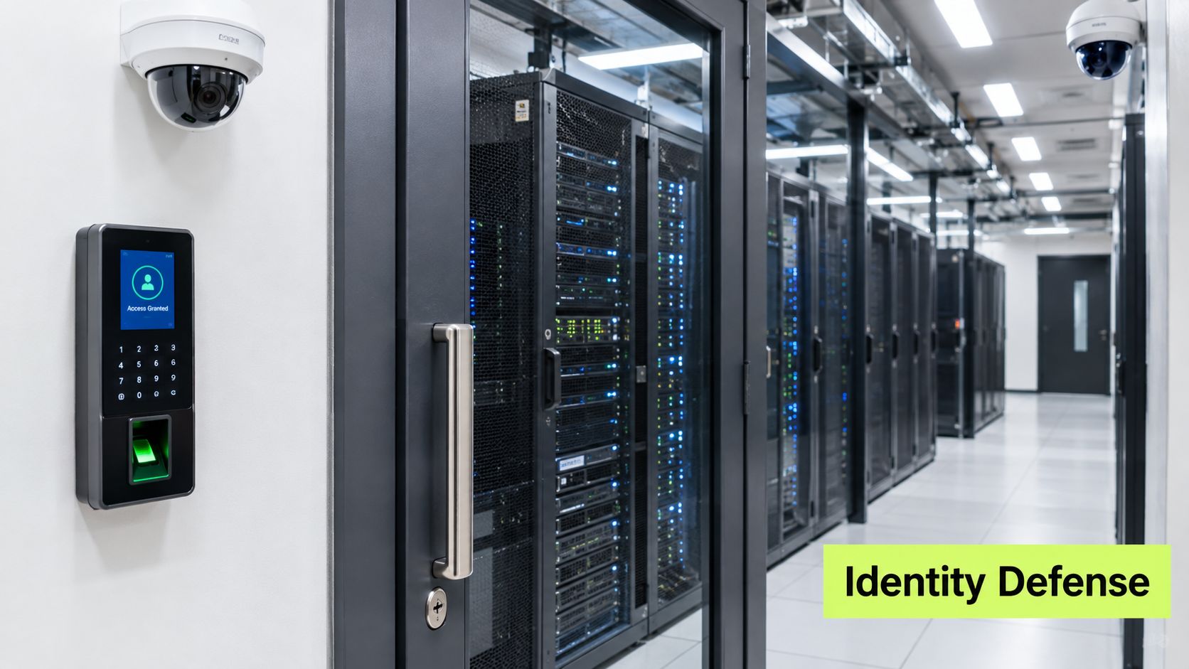 Security biometric keypad and CCTV camera monitoring a modern secure server room with data center racks.