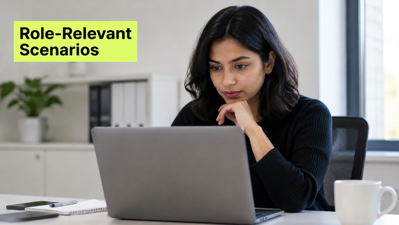 A professional woman working on a laptop in a bright, modern office with a thoughtful expression.