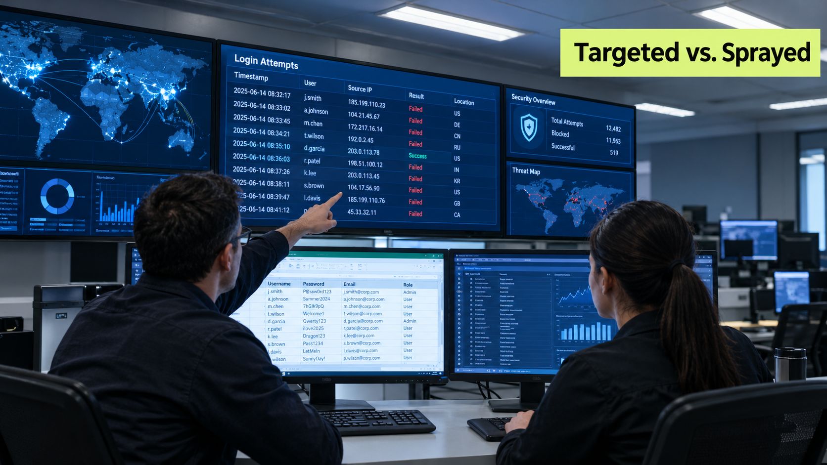 A cybersecurity professional pointing at a monitor showing login attempt data while working in a secure facility.