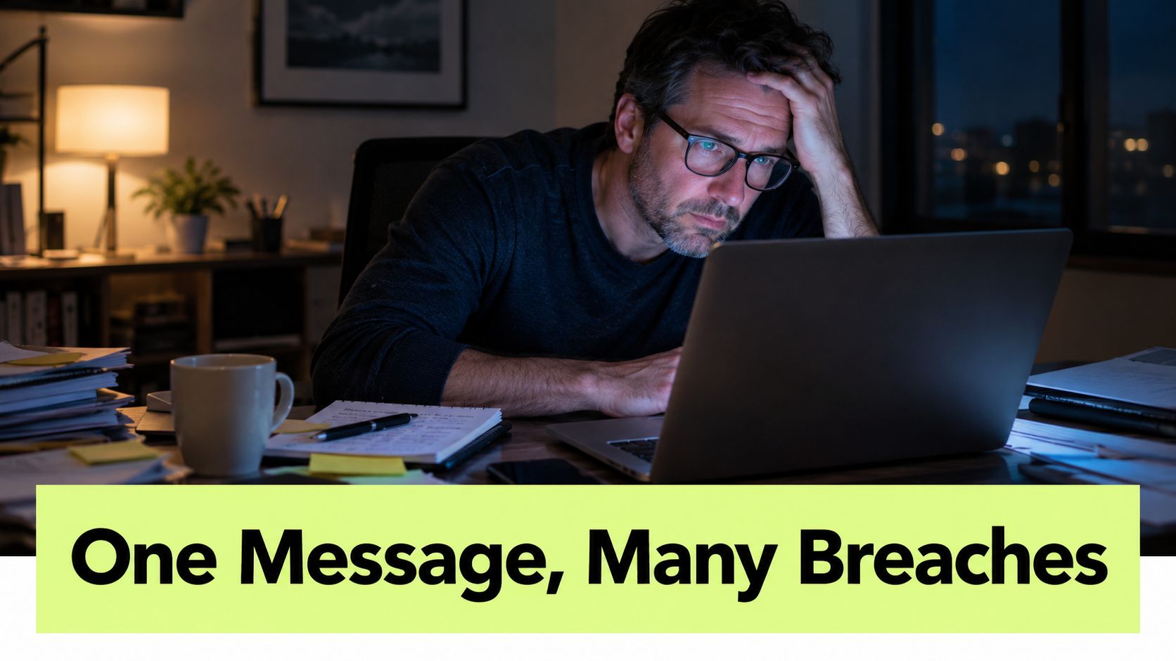 A stressed man working late at night on a laptop, highlighting serious cloud computing security concerns.
