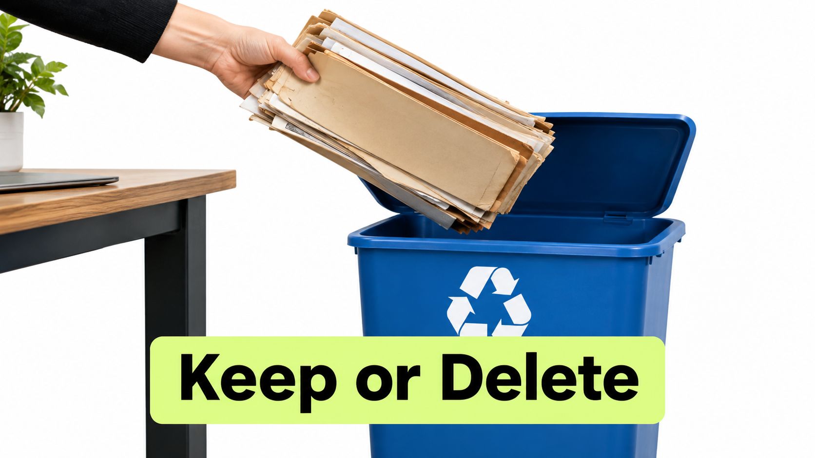 A hand holding a stack of office papers over a blue recycling bin for disposal.