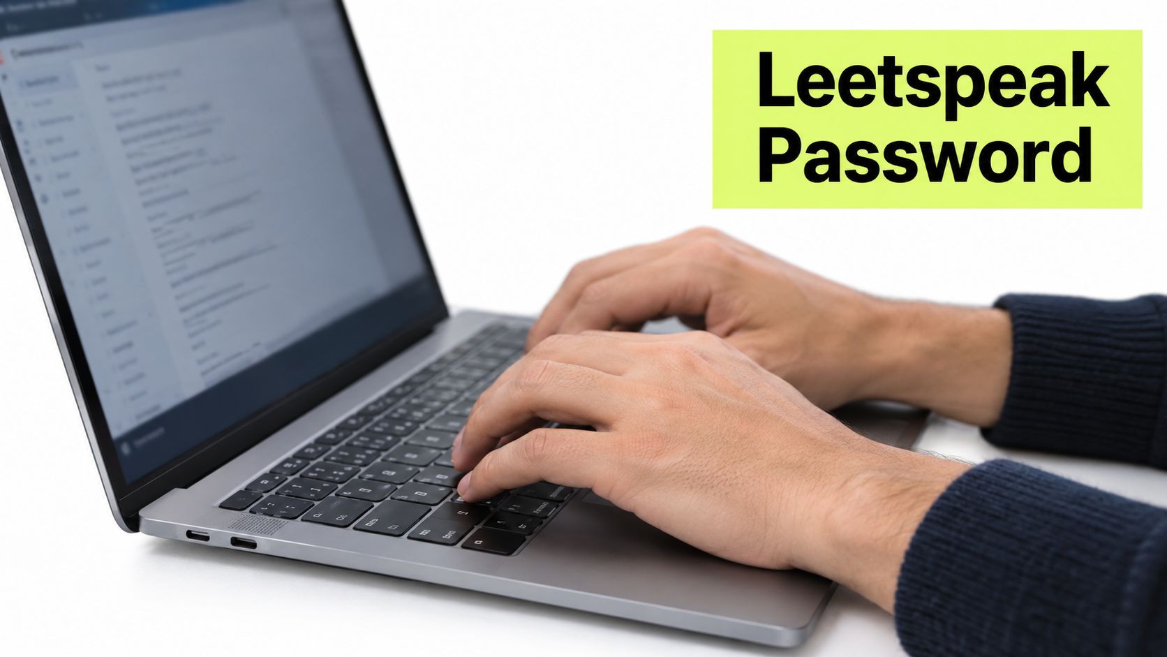 A close-up view of hands typing on a laptop keyboard with text overlay about leetspeak passwords.