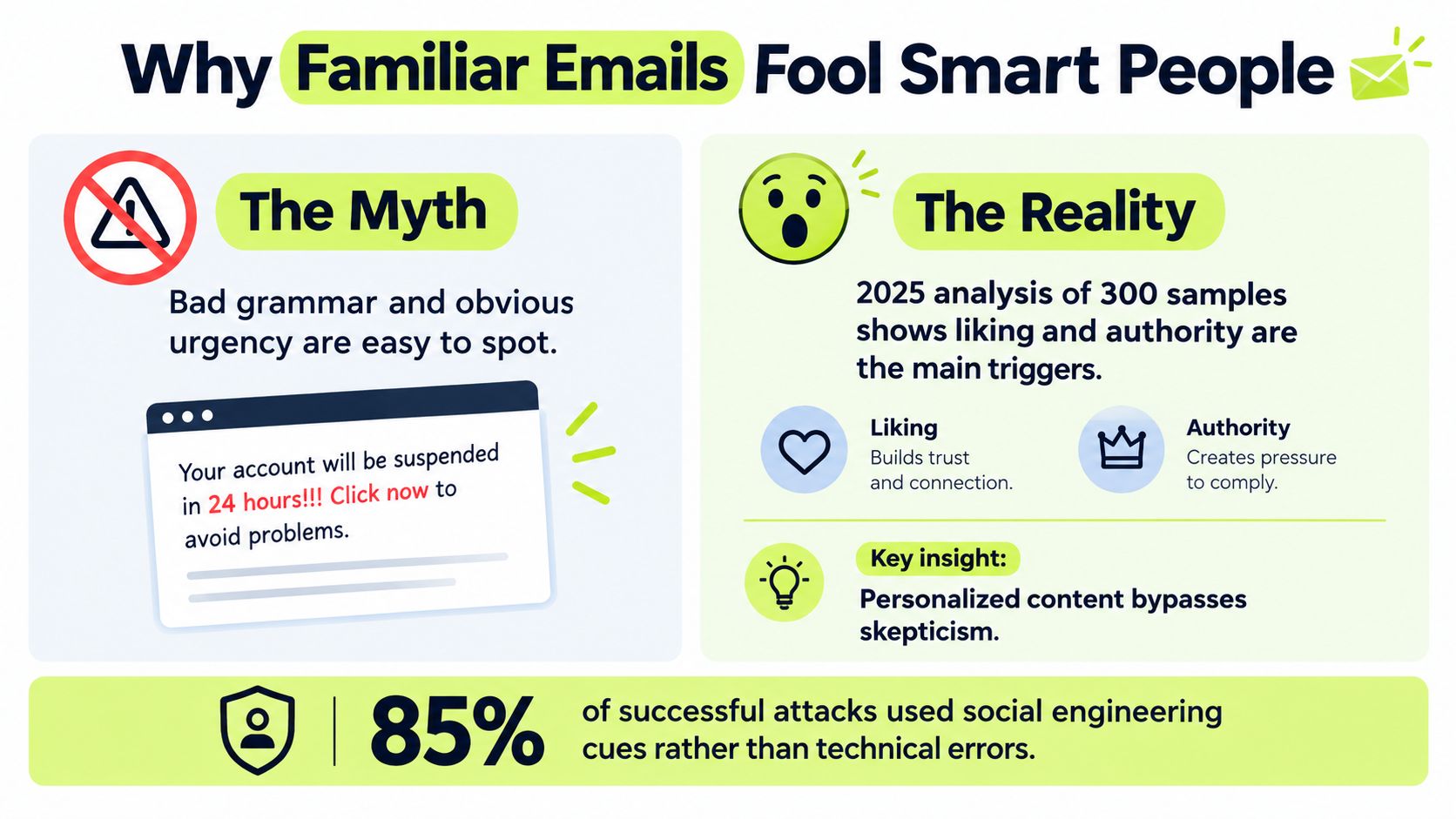 An infographic explaining how personalized, familiar emails bypass skepticism to successfully fool smart people through social engineering.