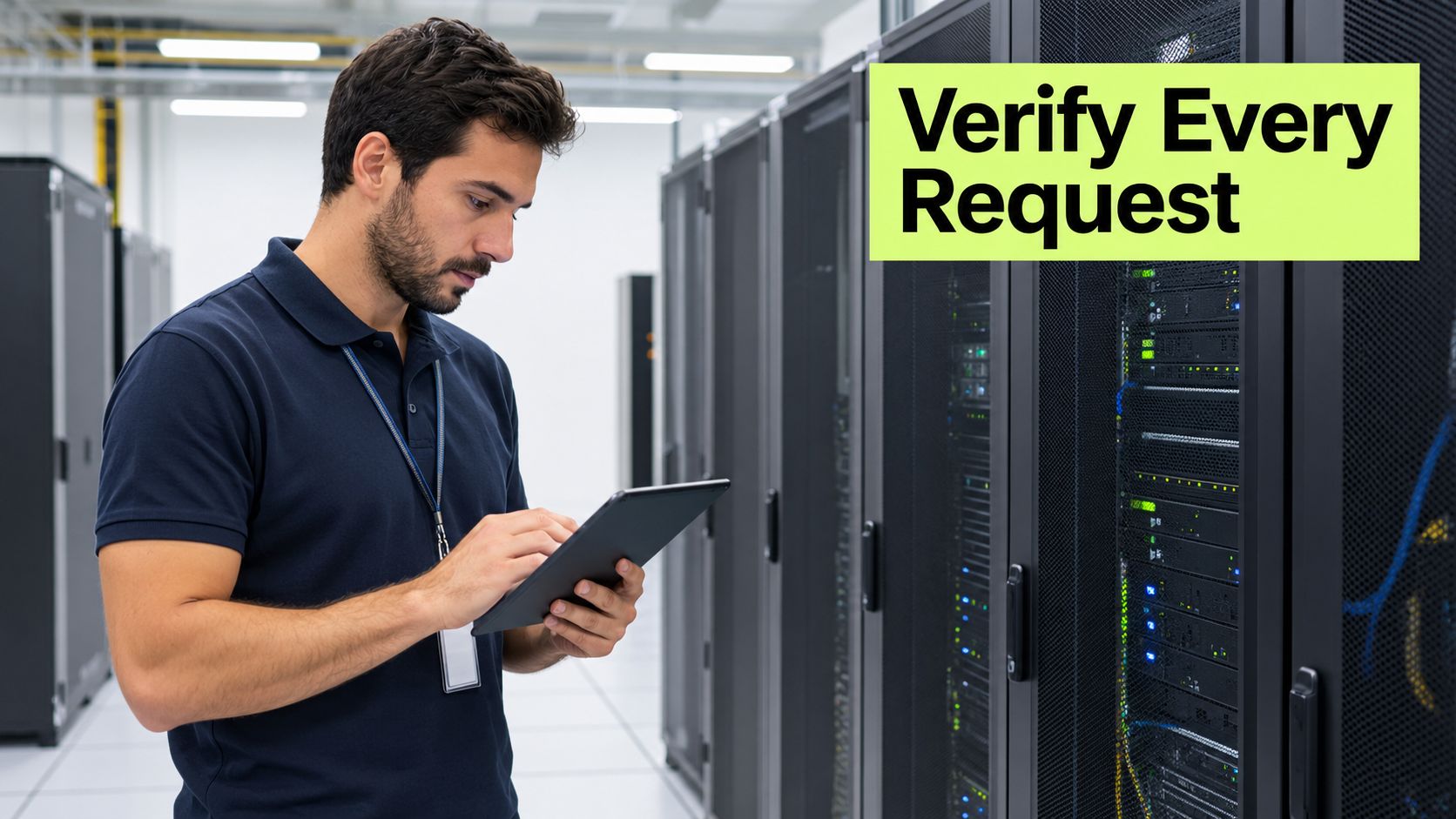 A technician inspects a server rack in a secure data center with the text Verify Every Request.