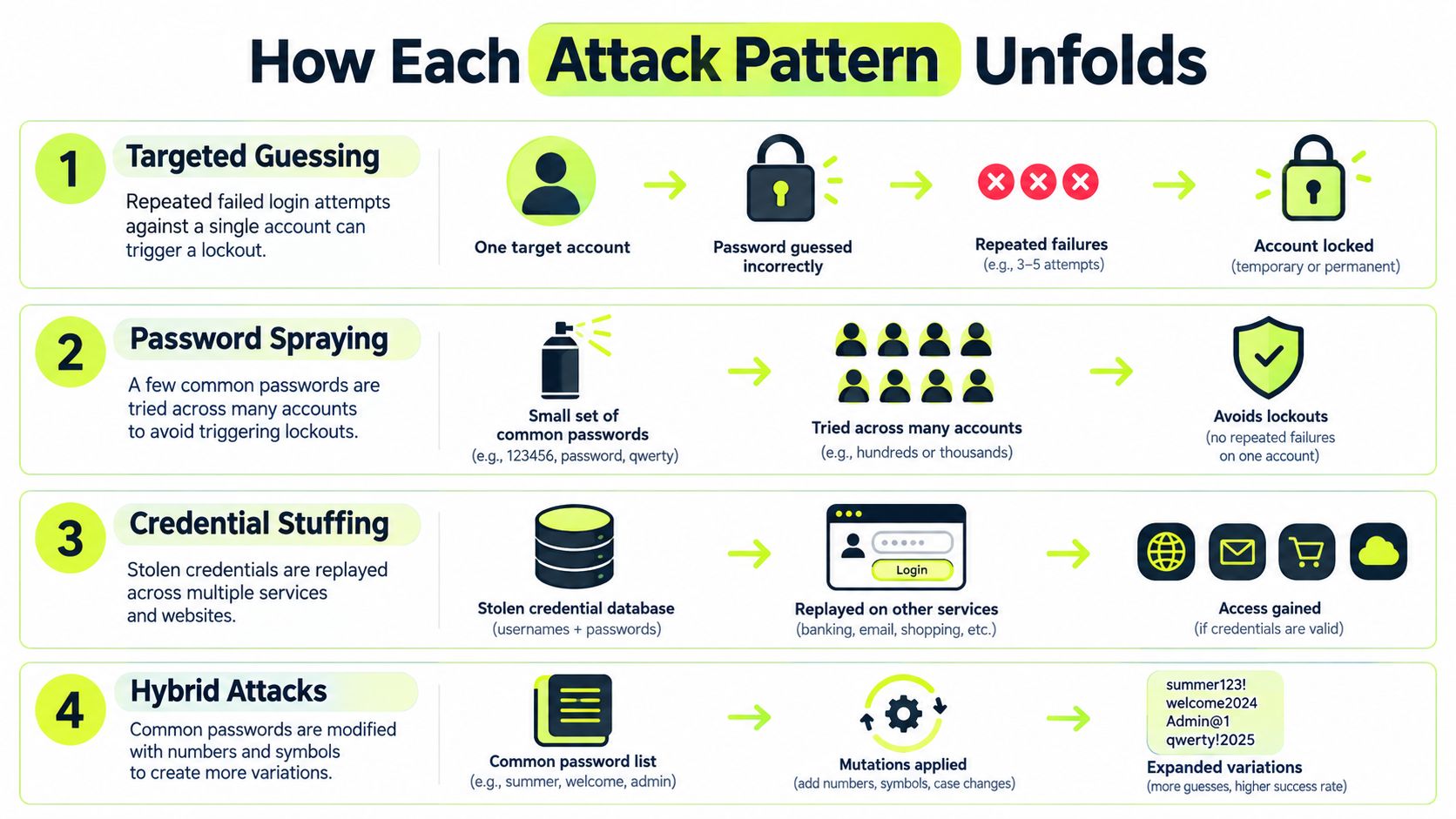 An infographic showing how four different cyber attack patterns unfold, including targeted guessing, password spraying, credential stuffing, and hybrid attacks.