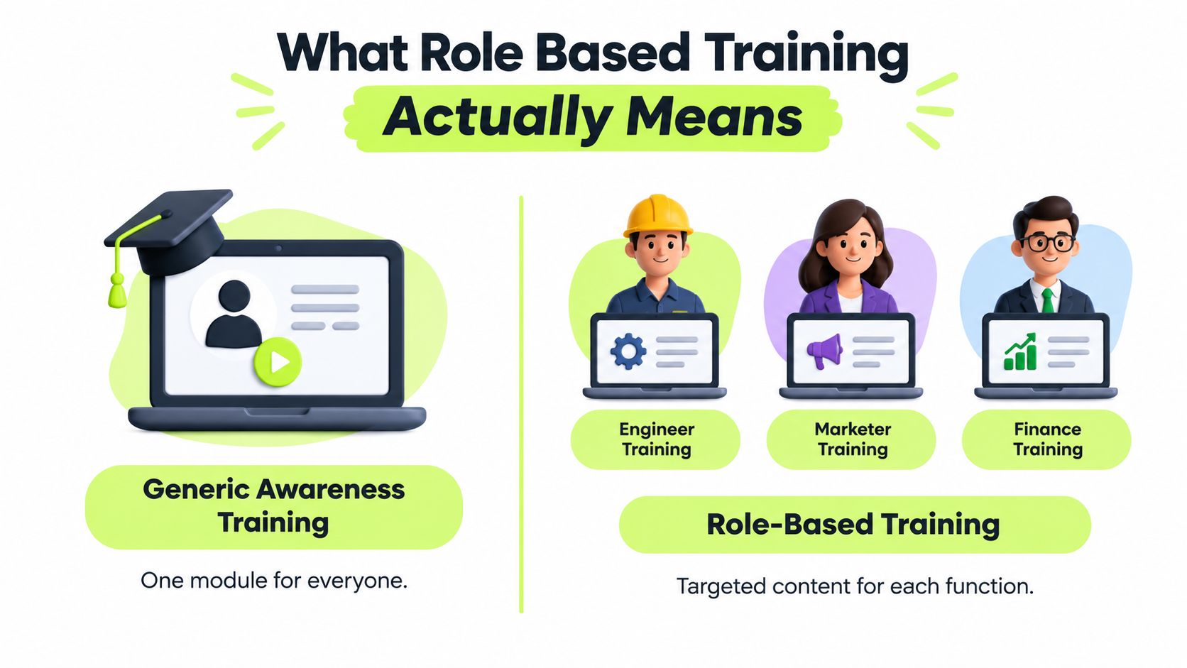 An infographic comparing generic awareness training for everyone to personalized role-based training for different professional functions.