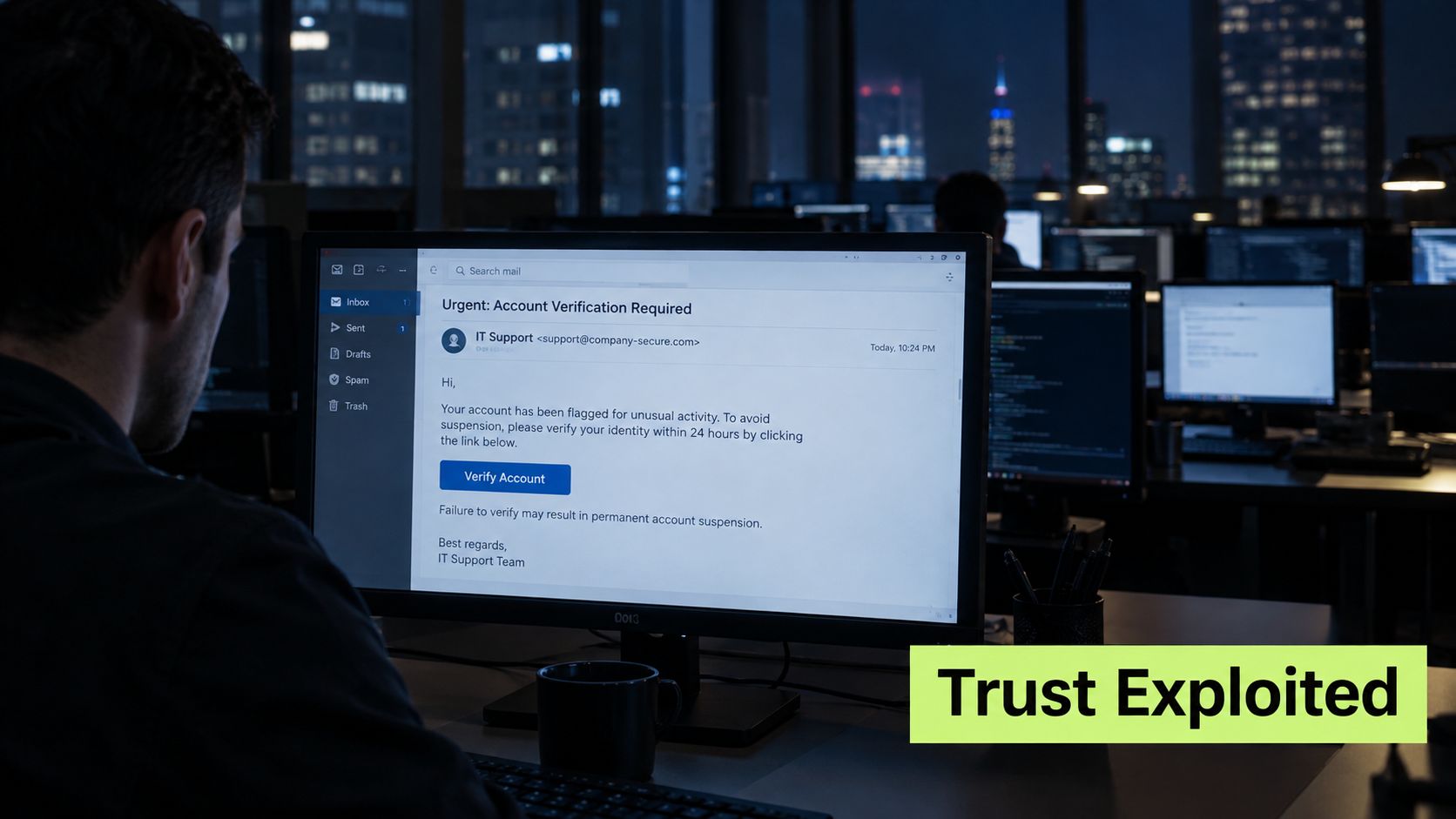 A person working late in an office reading a suspicious phishing email on their computer screen.