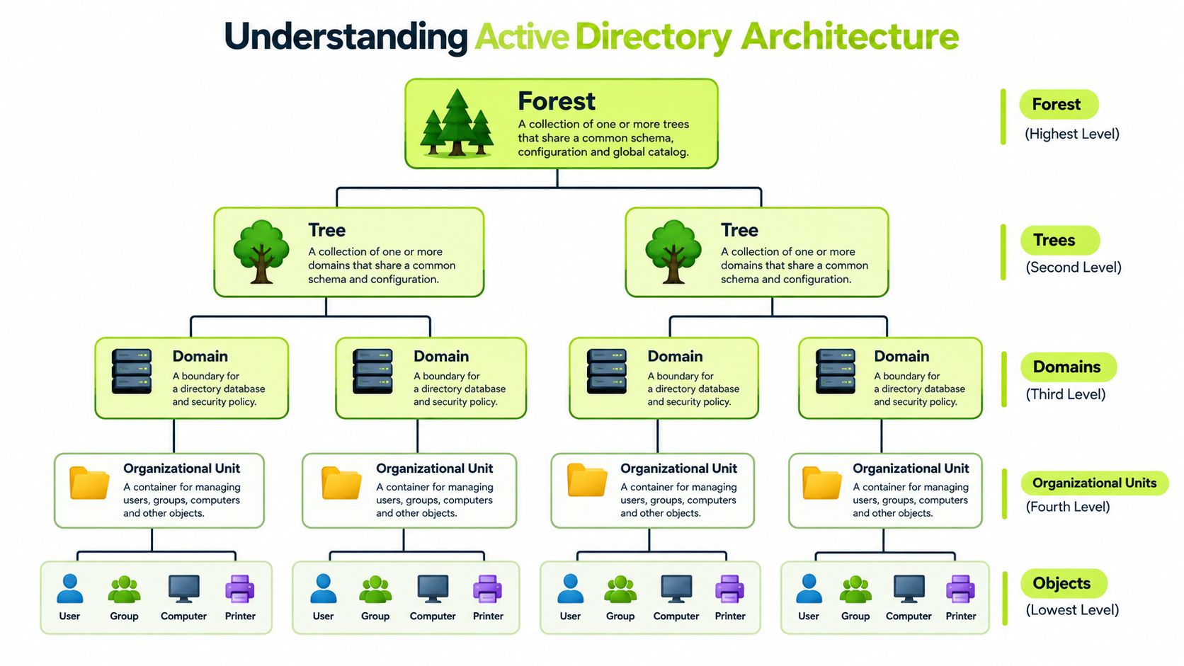 A hierarchical flowchart illustrating the structural components of Microsoft Active Directory architecture from forests down to objects.