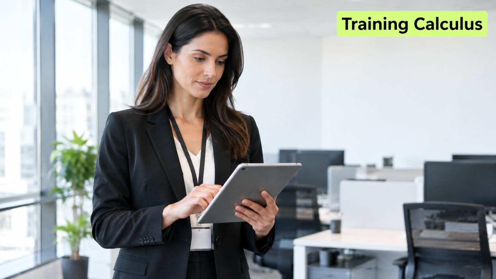 A professional woman in a business suit holding and using a tablet in a modern office environment.