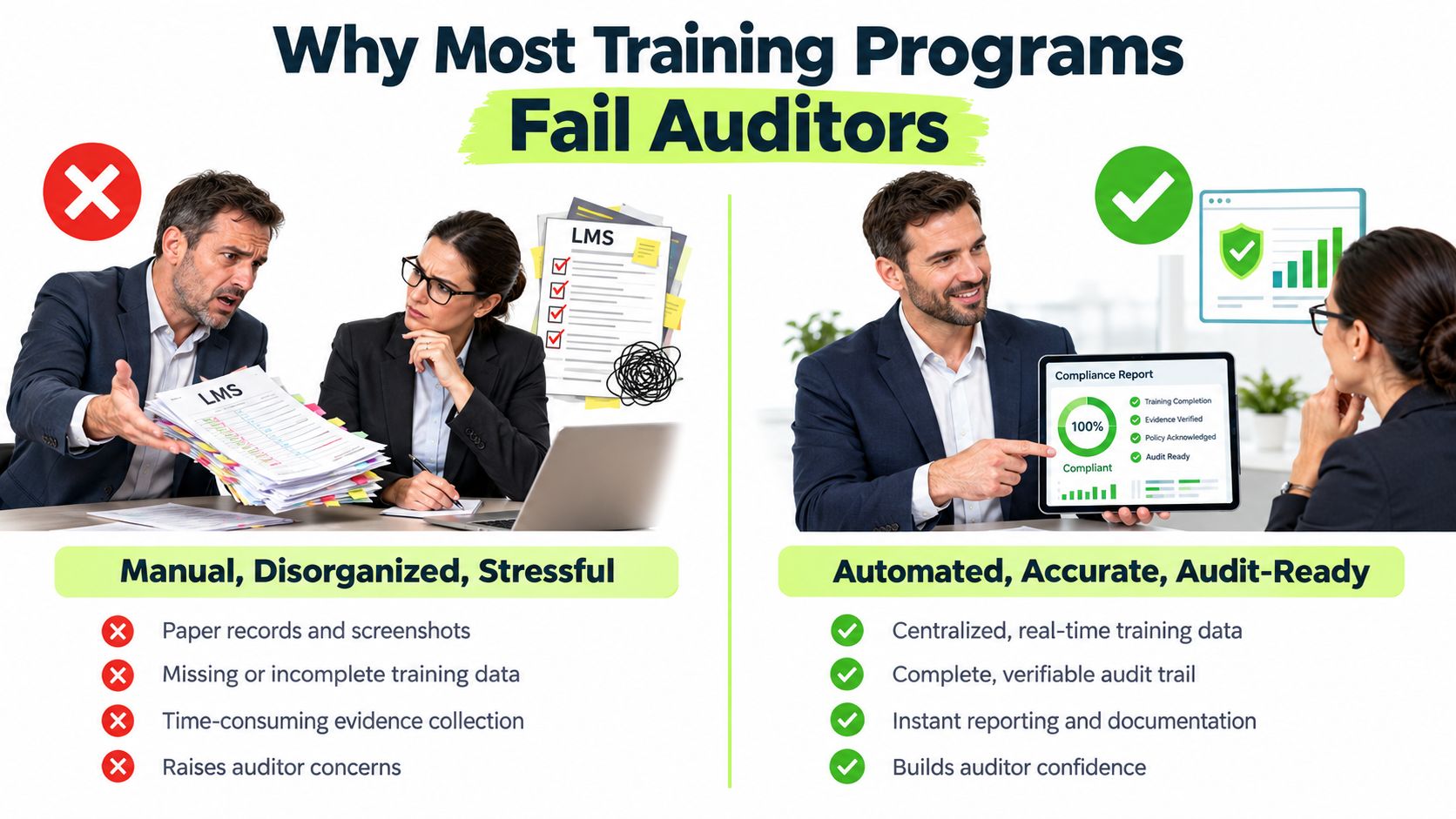 A comparison showing why manual training programs fail versus automated systems that ensure audit-ready compliance.