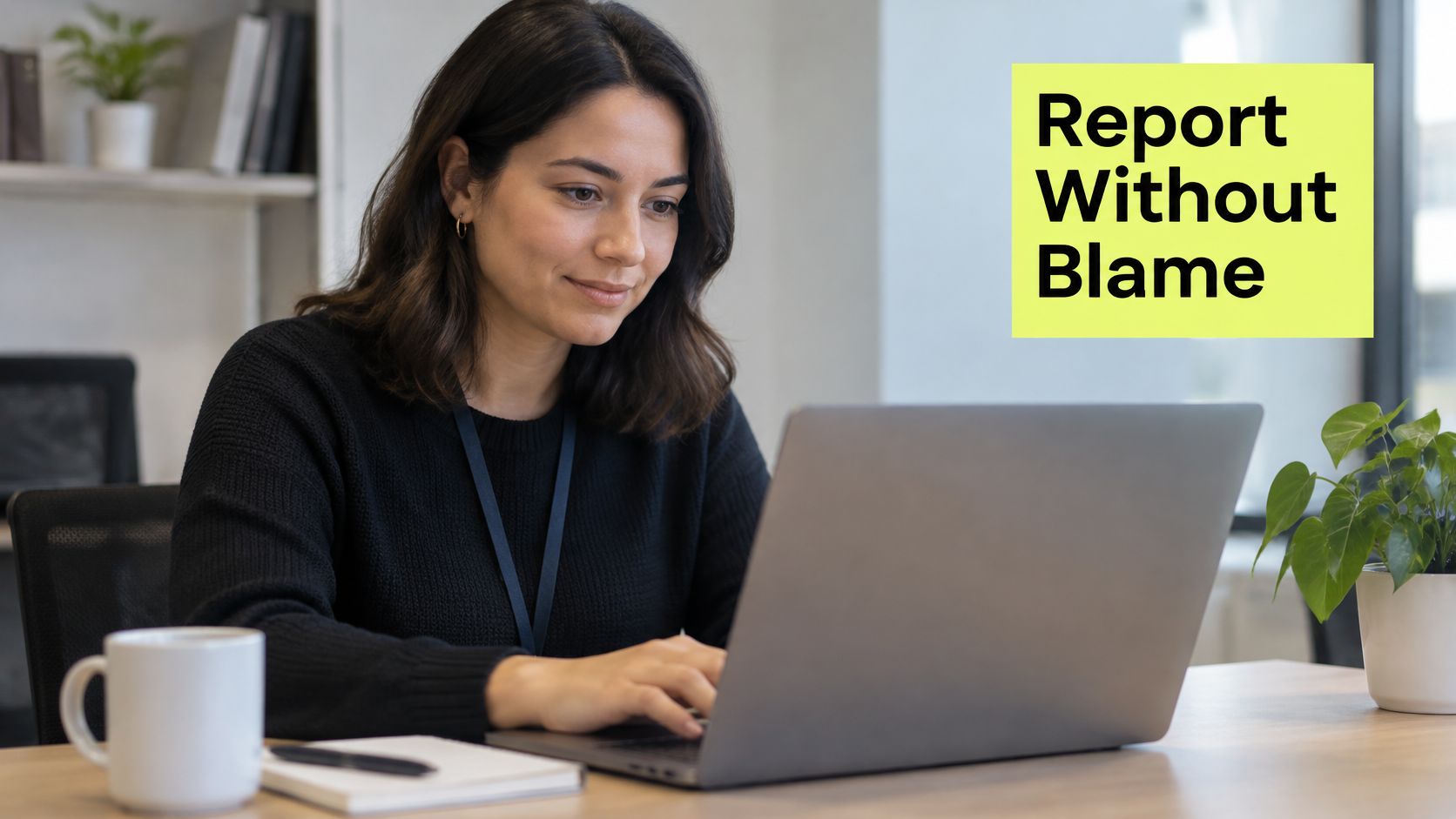 A professional woman working on her laptop in an office environment with the text Report Without Blame.