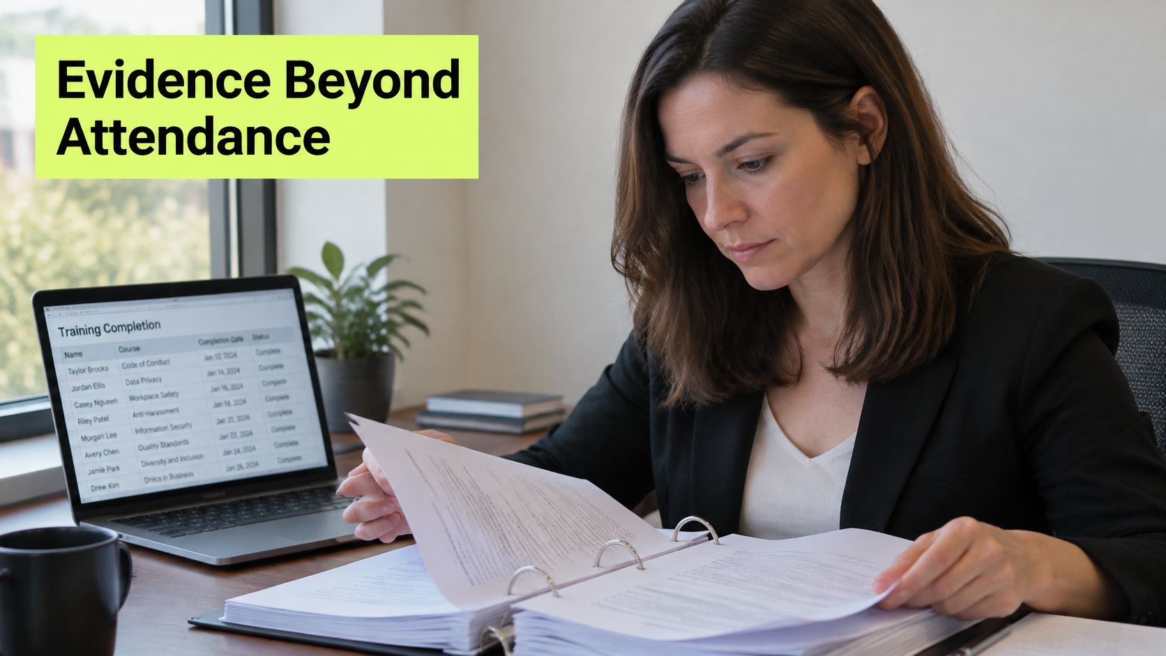 A professional woman in a business suit reviewing training documents while working on a laptop computer.