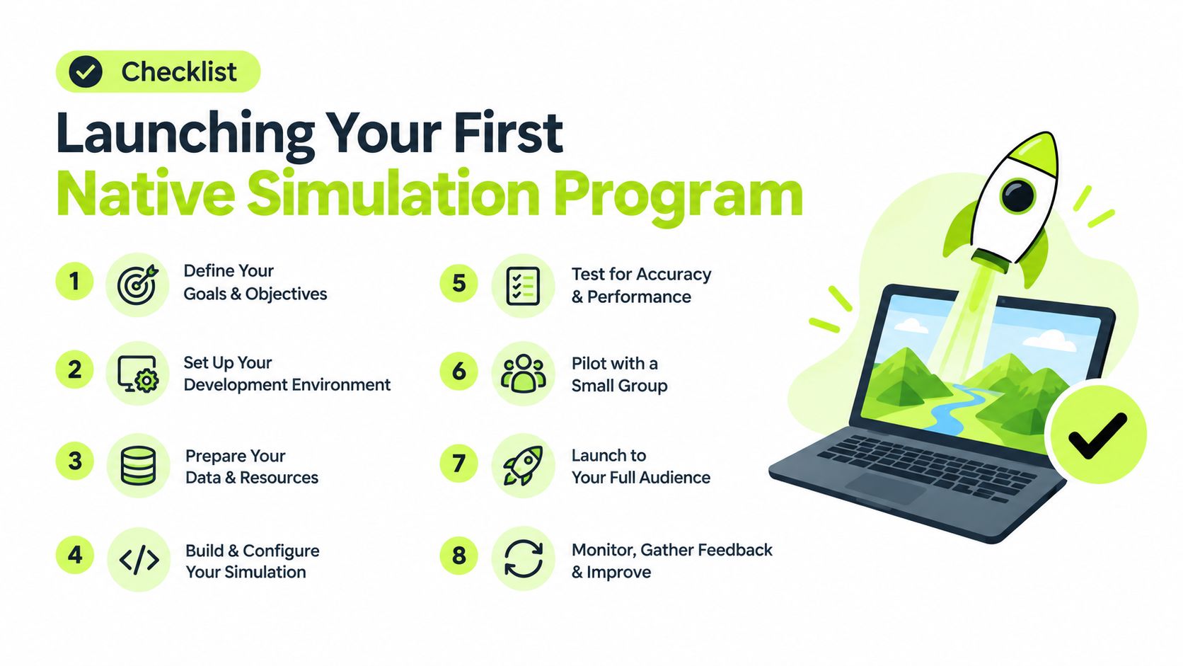 A checklist for launching a native simulation program, showing eight steps for development and deployment.