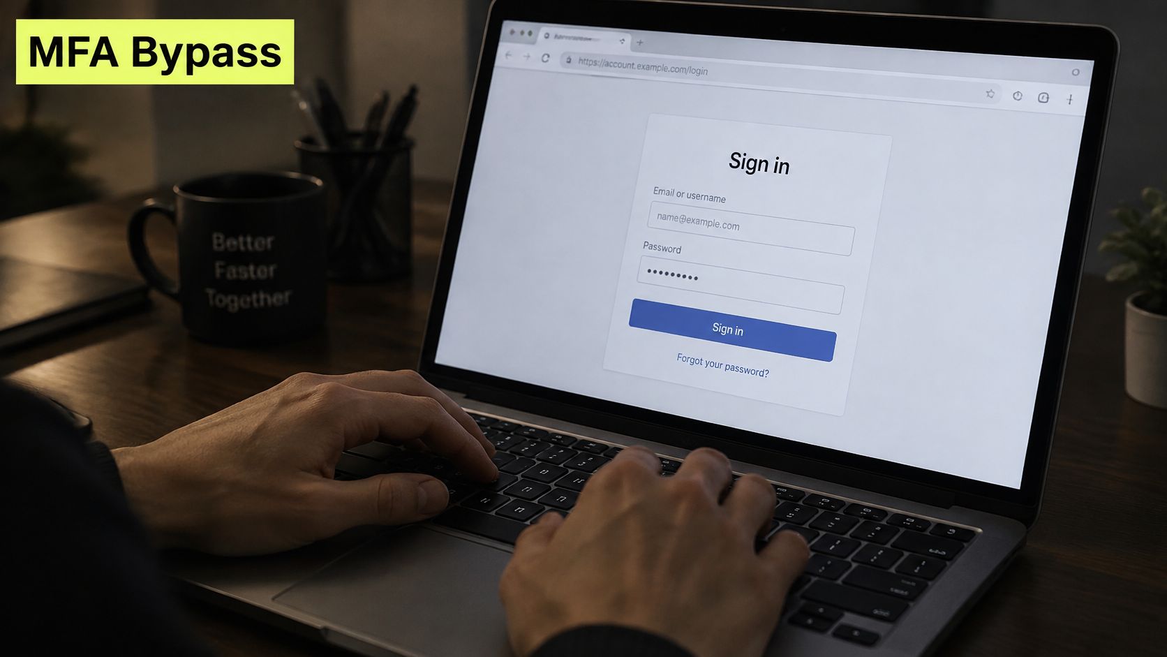 A close-up of a person typing on a laptop displaying a login screen for account access.