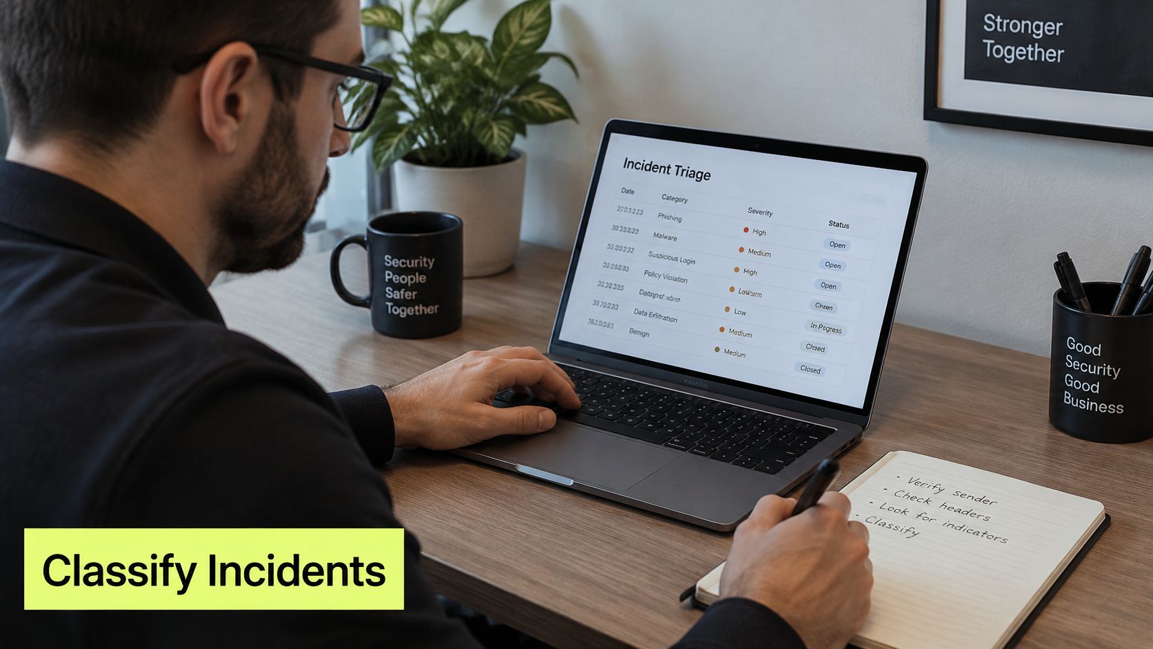 A professional working on a laptop at a desk with an incident triage report, analyzing cybersecurity threats.