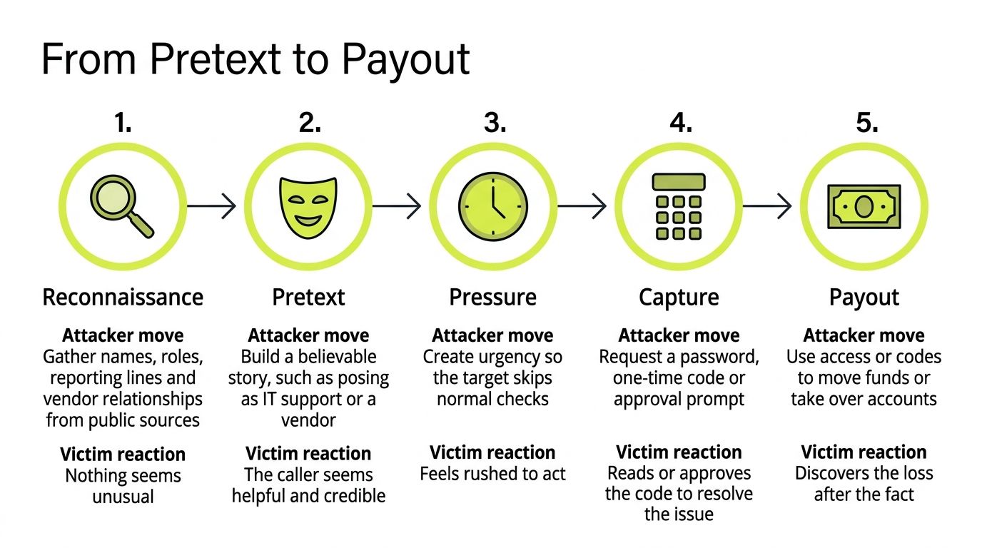 A five-step diagram illustrating the process of a vishing attack, from initial reconnaissance to the final payout.